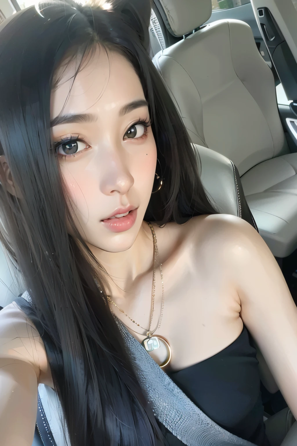 um close up de uma mulher sentada em um carro com cabelos longos, dilraba dilmurat, 27 anos de idade, 28 anos de idade,  coreana, linda mulher sul-coreana, wenfei you, Xintong Chen, 29 anos, 22 anos de idade, 23 anos, linda jovem coreana, beautiful asian girl