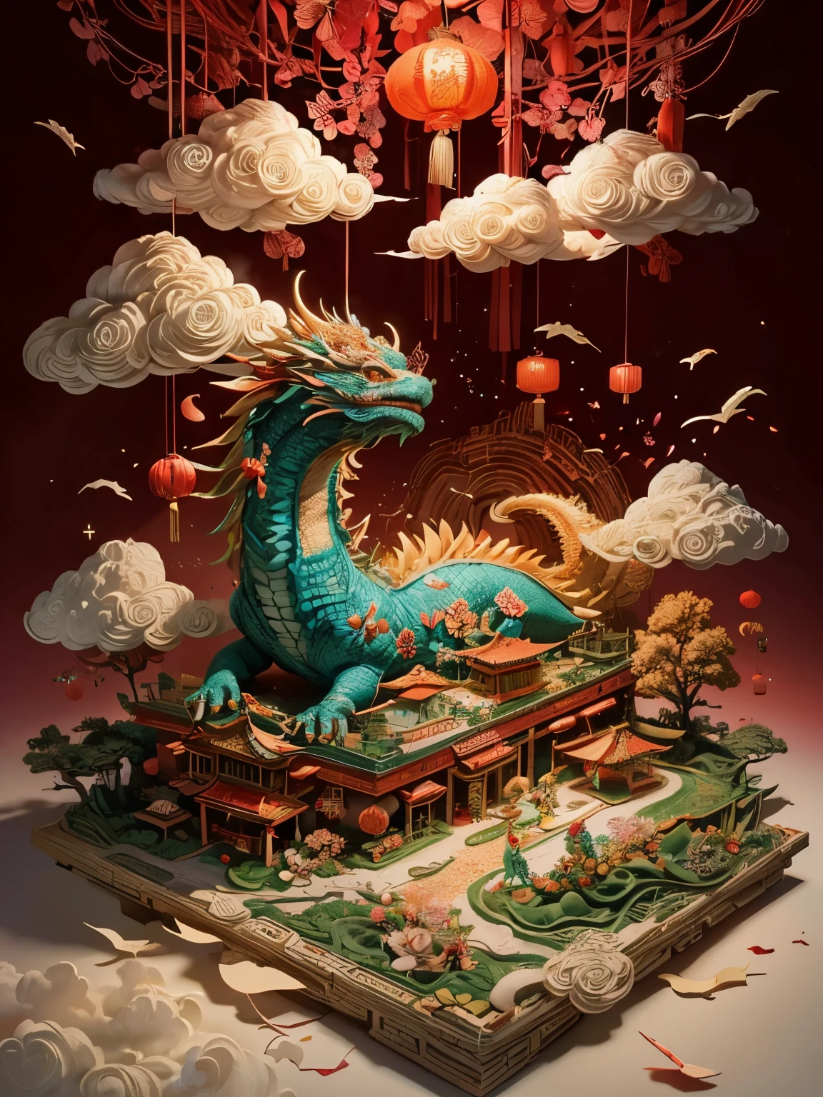 (Sandbox:1.4), cinematic angle, (1 cute child waving Chinese dragon shaped lantern, Chinese Spring Festival, festive, red background, clouds, flowers, fireworks, firecrackers, lanterns), (paper art, Quilted paper art, geomerty), (extremely colorful, Best quality, high detailed, Masterpiece, Cinematic Lighting, 4K, Chiaroscuro)