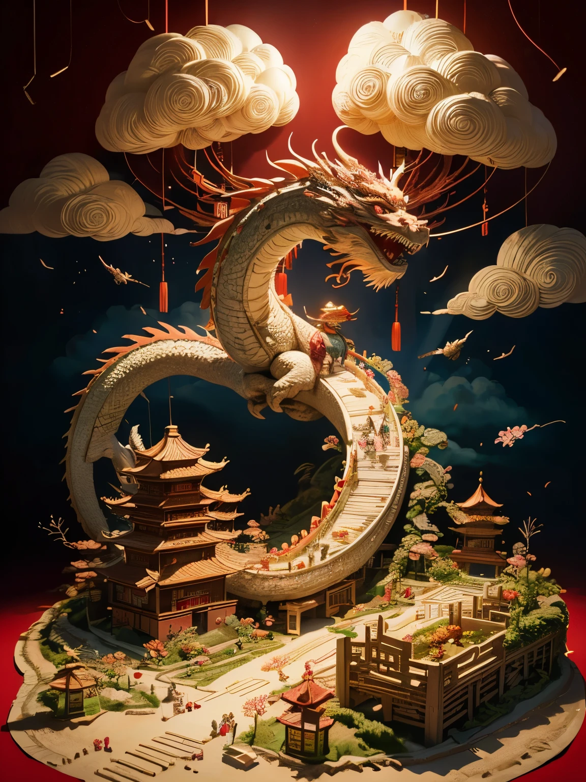 (Sandbox:1.4), cinematic angle, (1 cute child waving Chinese dragon shaped lantern, Chinese Spring Festival, festive, red background, clouds, flowers, fireworks, firecrackers, lanterns), (paper art, Quilted paper art, geomerty), (extremely colorful, Best quality, high detailed, Masterpiece, Cinematic Lighting, 4K, Chiaroscuro)