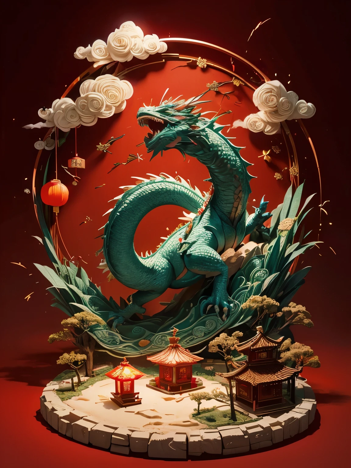 (Sandbox:1.4), cinematic angle, (1 cute  waving Chinese dragon shaped lantern, Chinese Spring Festival, festive, red background, clouds, flowers, fireworks, firecrackers, lanterns), (paper art, Quilted paper art, geomerty), (extremely colorful, Best quality, high detailed, Masterpiece, Cinematic Lighting, 4K, Chiaroscuro)