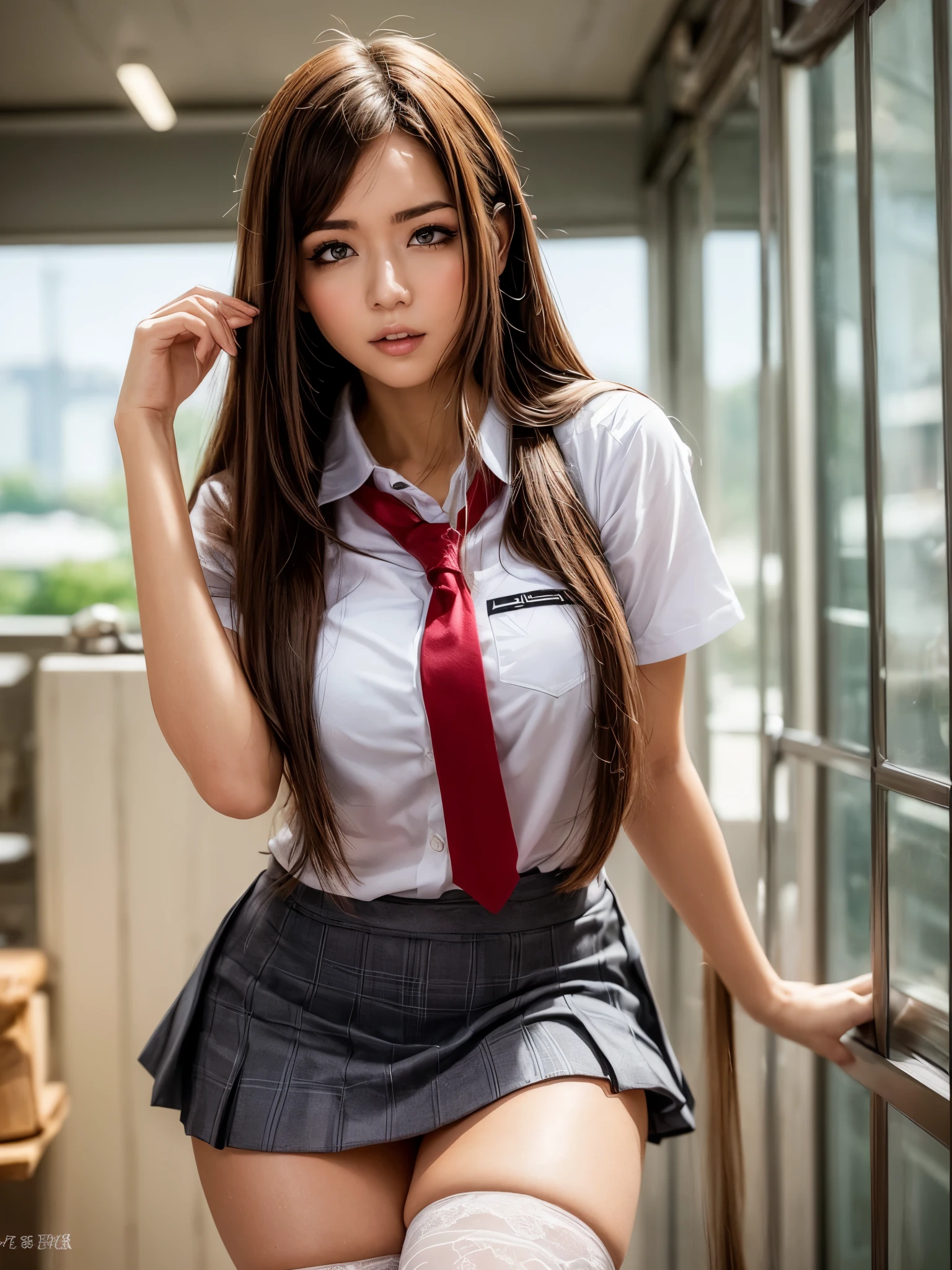 （highest quality，4K，masterpiece：1.2），Beautiful woman，1 girl，sexy：1.1，dark yellow hair：1.1，Woman in school uniform，Drenched uniform，super detailed face，detailed lips，fine eyes，double eyelid，miniskirt white stockings，stand up