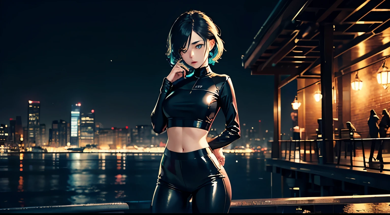 4K, A high resolution, Best quality at best, masterpiece, perfect colors, perfect shadow, perfect litthing, ((sportrait)), 1woman, fit-muscled body, bright green eyes,dark blue hair , blue eyes, With round lenses, The audience watched carefully, (s face: 1.2), Perfect female figure,,standing pose, ((Tight crop top leather suit)), ((shy and looking at viewert)), (Perfect thick white eyebrows) Delicate fur, 详细s face, s the perfect face, At a night club with sea view in the night , (model pose standing), energetic background, perfect city skyscape , lighting atmosphere, ((Bonifasko lighting)), (The round lenses on his eyes)(詳細な目), Perfect student, face close up
