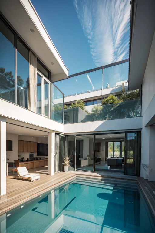 (Top Quality, 4K and wider), Modern House (with car in entrance), Swimming Pool, Spacious Bedrooms, Realism and Surrealism fusion, Canon, Sony FE, Nikon, Wide-angle Shot, Perspective from Behind, Side View, Panoramic, Ultra High Definition, Extremely Detailed, Highres Textures, Clear reflections on the pool water, Glass walls revealing interior design, Wooden floors, Plants, Minimalist decoration, Geometric shapes, Abstract patterns, Intricate details on the architectural structures, Smooth textures on walls and windows, Shadows adding depth and realism.