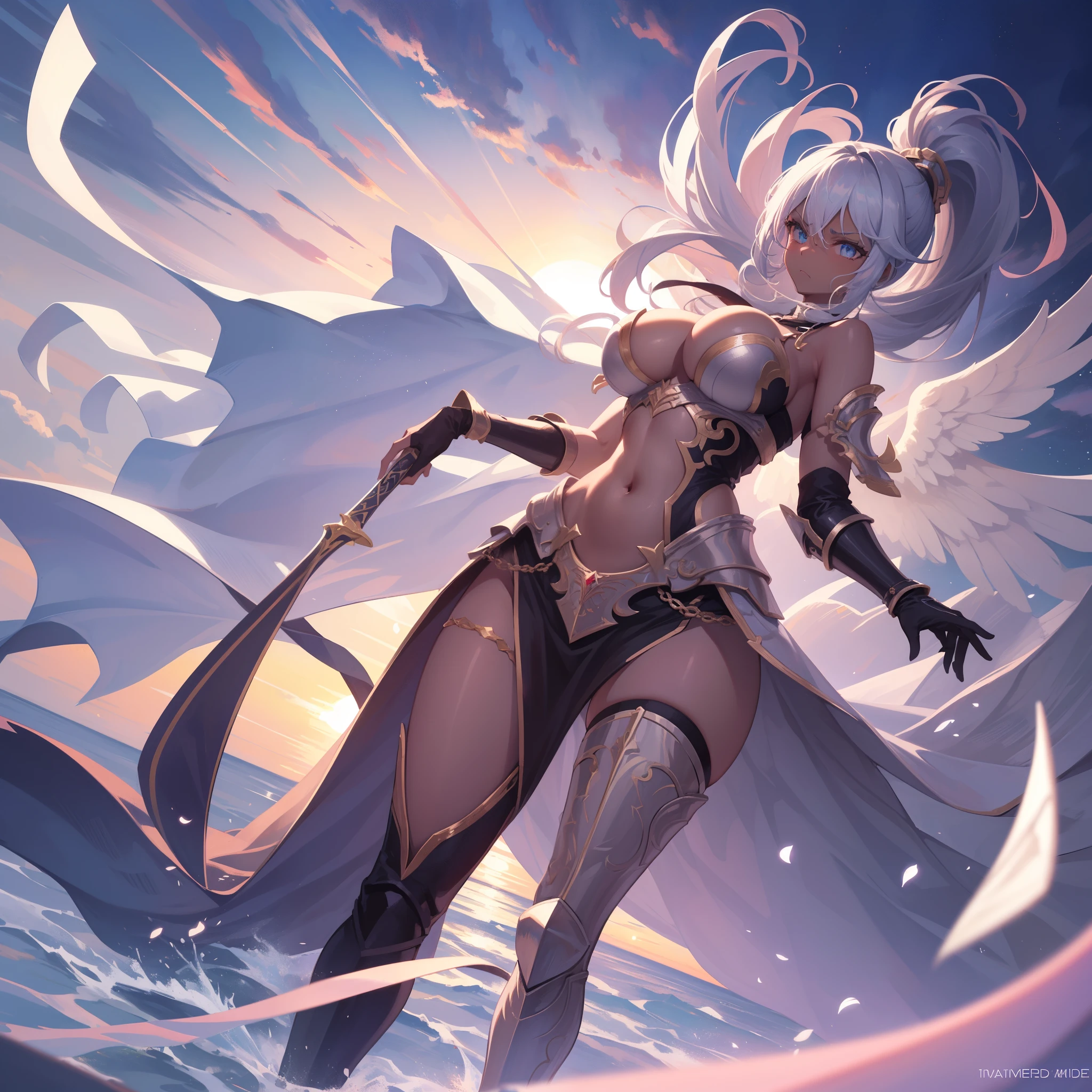 fantasy, 1angel_girl, , brown_ponytail_hair, (dark_skin:1.1), bare_shoulder, navel, thigh,silver_shiny_armor, white_clothes,waist_armor, glebe, hold_swords, big_tits, angry, dynamic_fighting_pose, floating, (1pair_white_wings:1.2), sunrise_city_background,(pelvic_curtain:1.3), headgear, large_ass,apart_legs,solo,