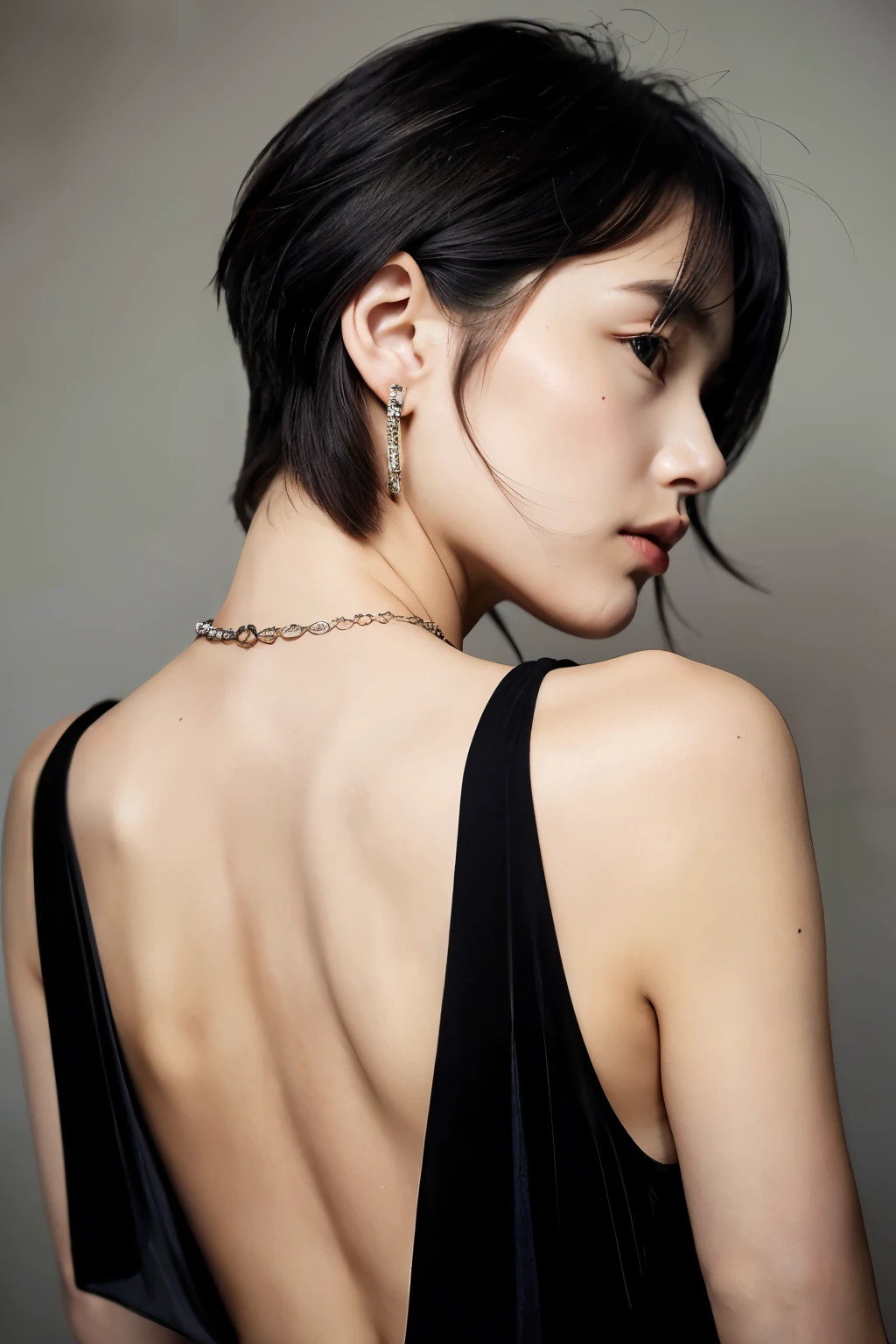 Beauty,Perfect beauty,party venue,black short hair、28 years old、sex appeal、boyish、cool、luxury、small face、beautiful clavicle、highest quality、Pancake muscles、earrings、necklace、gorgeous、black dress with deep neckline、Eroticism、small breasts、Wistful expression、sexy、back、delicate、masterpiece
