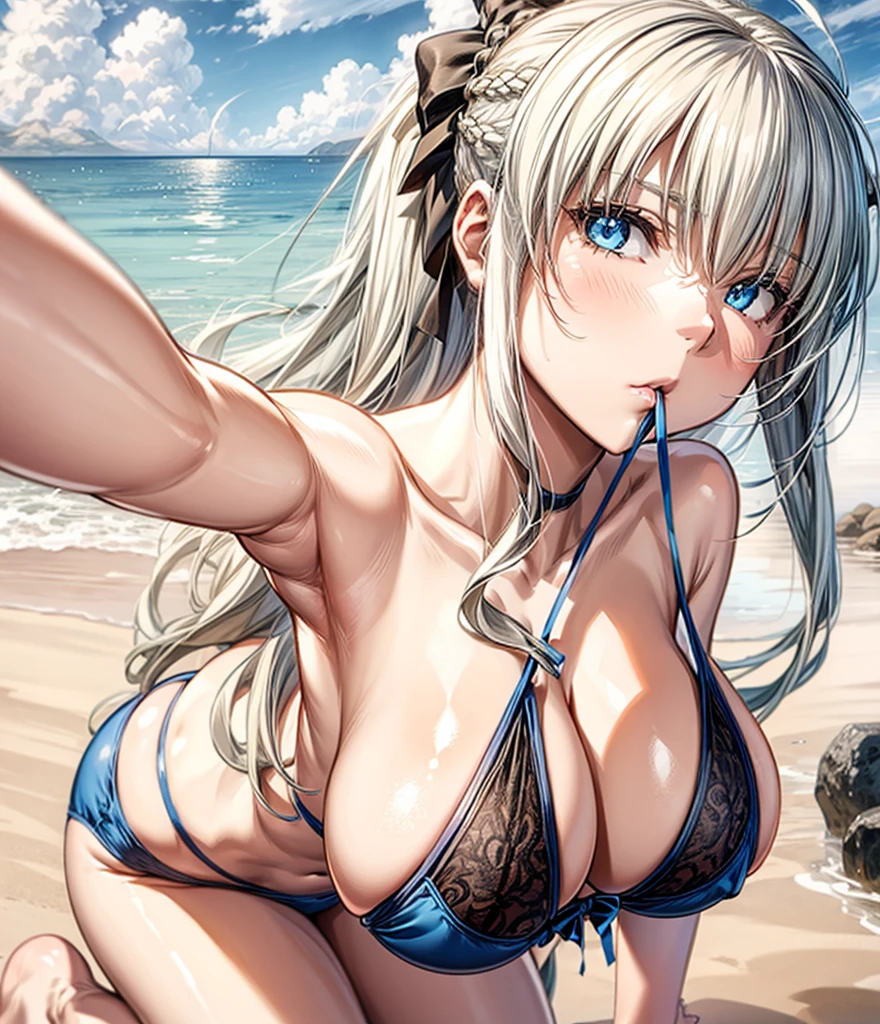 （Enrich the picture，Masterpiece level quality）Beautiful 8K CG artwork,1girl,solo,morgan le fay (fate),detailed face, perfect face, perfect eyes,blue eyes,Long Hair, pony tail,Very long hair, big boob, black bow,Hair Bow, thighs,side locks, French braid, grey hair,Slim and soft,big breasts,anatomically correct body,hold the bra strap in mouth,