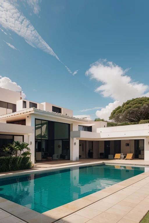 casa moderna (com carro na entrada), com piscina, com quartos gigantes, Realism, Surrealism, Canon, Sony FE, Nikon, wide shot, from behind, from side, panorama, HD, 4K, high details, highres