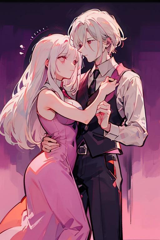 A pink haired woman with violet eyes with an hourglass figure is dancing with a white haired handsome man with red eyes in a ball in Gothic clothing