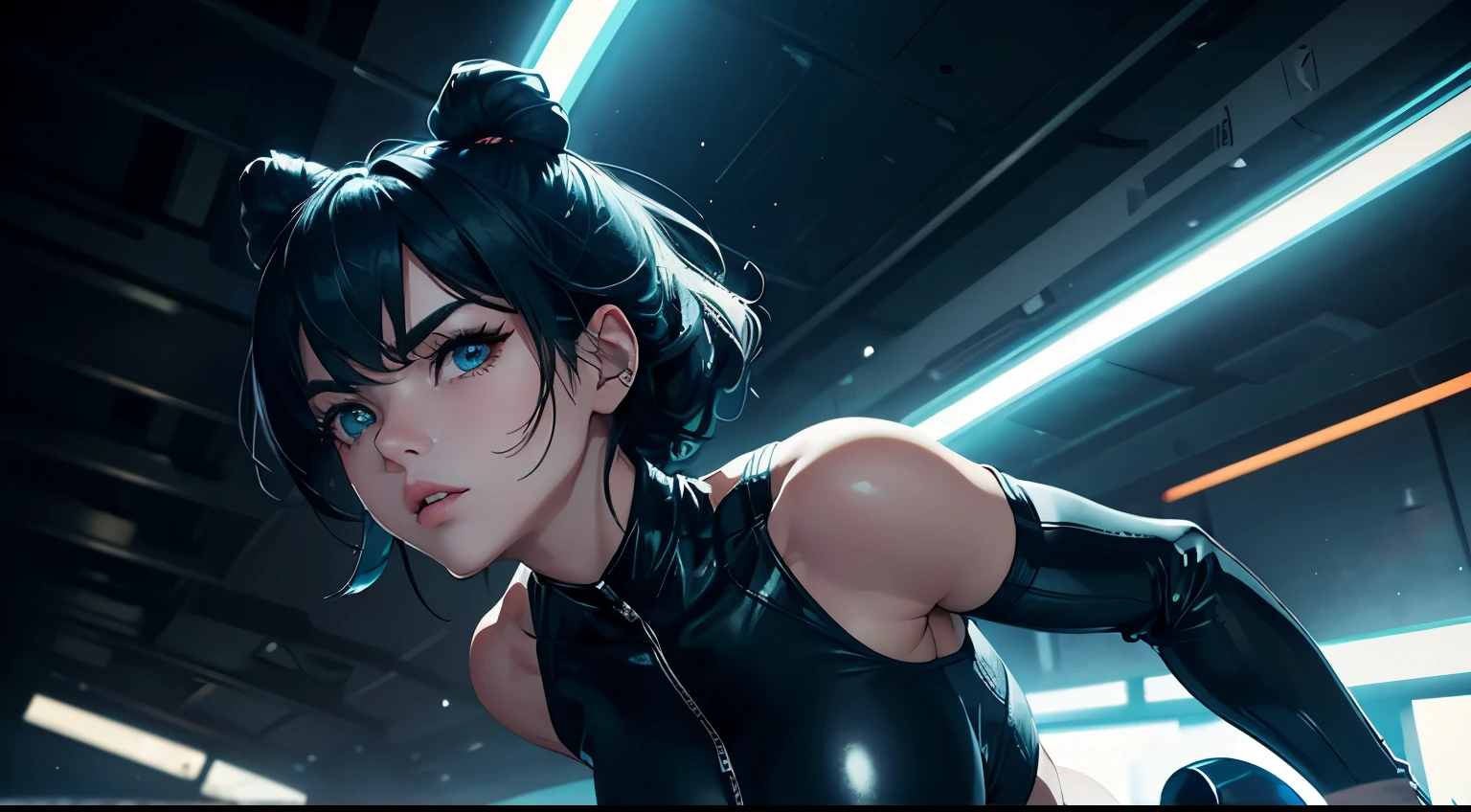 4K, A high resolution, Best quality at best, masterpiece, perfect colors, perfect shadow, perfect litthing, ((sportrait)), 1woman, fit body, heterochromia eyes,dark blue hair , blue eyes, With round lenses, The audience watched carefully, (s face: 1.2), Perfect female figure, ((dynamic pose)), ((purple Tight crop top, half breast, purple leather suit)), ((shy and looking at viewert)), (Perfect thick white eyebrows) Delicate fur, 详细s face, s the perfect face, , (dynamic pose), cyberpunk abstract background, ((Bonifasko lighting)), (The round lenses on his eyes)(detailed eyes), Perfect student, ((face close up))