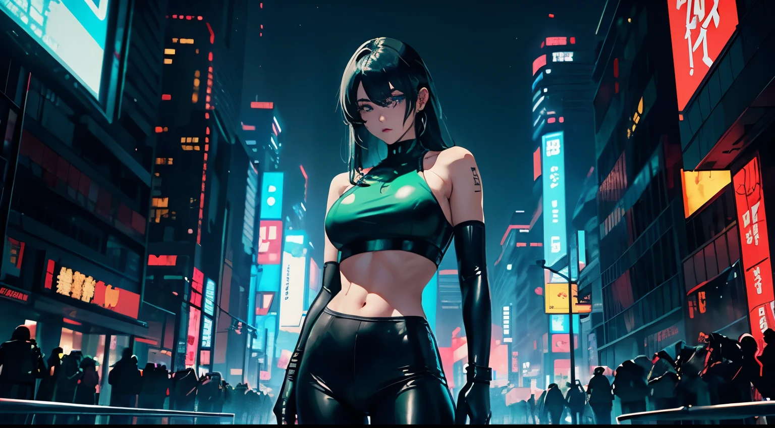 4K, A high resolution, Best quality at best, masterpiece, perfect colors, perfect shadow, perfect litthing, ((sportrait)), 1woman, fit-muscled body, bright green eyes，dark blue hair , blue eyes, With round lenses, The audience watched carefully, (s face: 1.2), Perfect female figure,，standing pose,  ((Tight crop top leather suit)), ((shy and looking at viewert)), (Perfect thick white eyebrows) Delicate fur, 详细s face, s the perfect face, At a night club with sea view in the night , (model pose standing), energetic background, perfect  city skyscape , lighting atmosphere, ((Bonifasko lighting)), (The round lenses on his eyes)(詳細な目), Perfect student, face close up