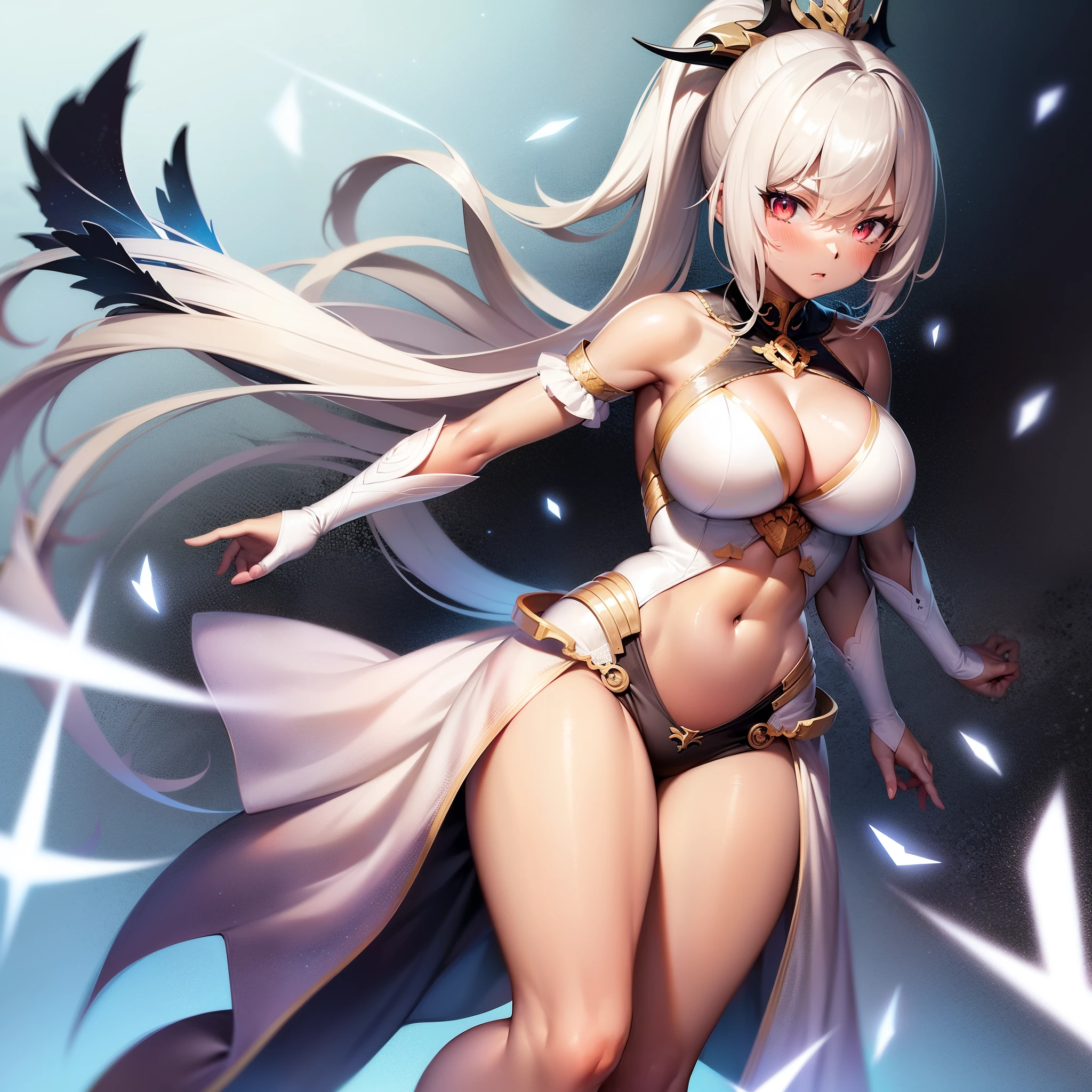 fantasy, 1angel_girl, , brown_ponytail_hair, (dark_skin:1.1), bare_shoulder, navel, thigh,silver_shiny_armor, white_clothes,waist_armor, glebe, hold_swords, big_tits, angry, dynamic_fighting_pose, floating, (1pair_white_wings:1.2), sunrise_city_background,(pelvic_curtain:1.3), headgear, large_ass,apart_legs,solo,