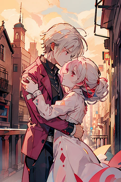 A pink haired woman with violet eyes with an hourglass figure is hugging  with a white haired handsome man with red eyes on the balcony of a castle in Gothic clothing