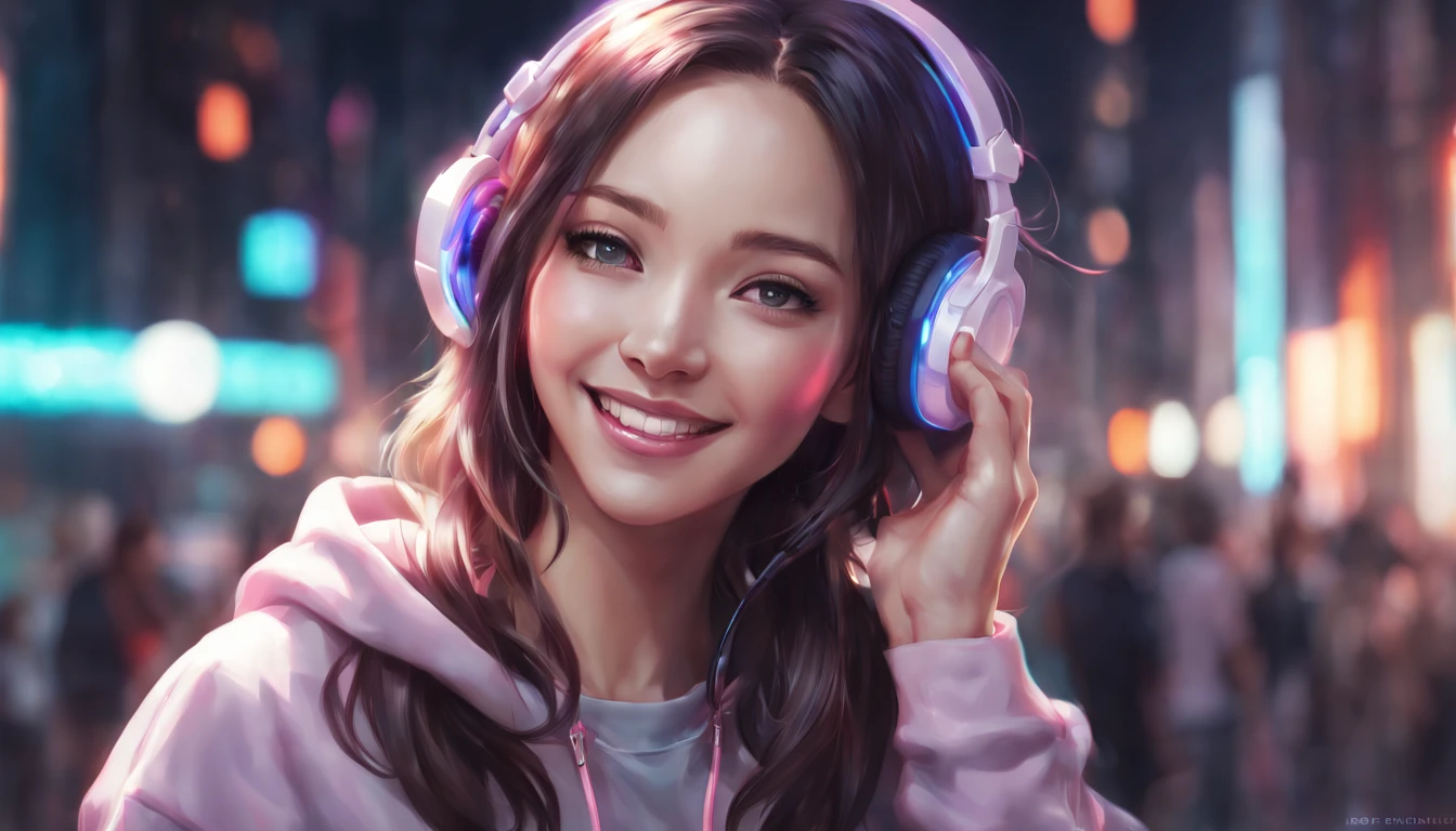 ultra realistic digital art of beautiful girl with headphones on, wide smile, excitement, looking to the right , bob hair, hoodie, neon glow, sharp focus, a character portrait inspired by Ross Tran, Artstation contest winner, digital art, ig model | artgerm, ! dream artgerm, style artgerm, 8k artgerm bokeh, rossdraws portrait, rossdraws global illumination, artgerm detailed, audrey kawasaki