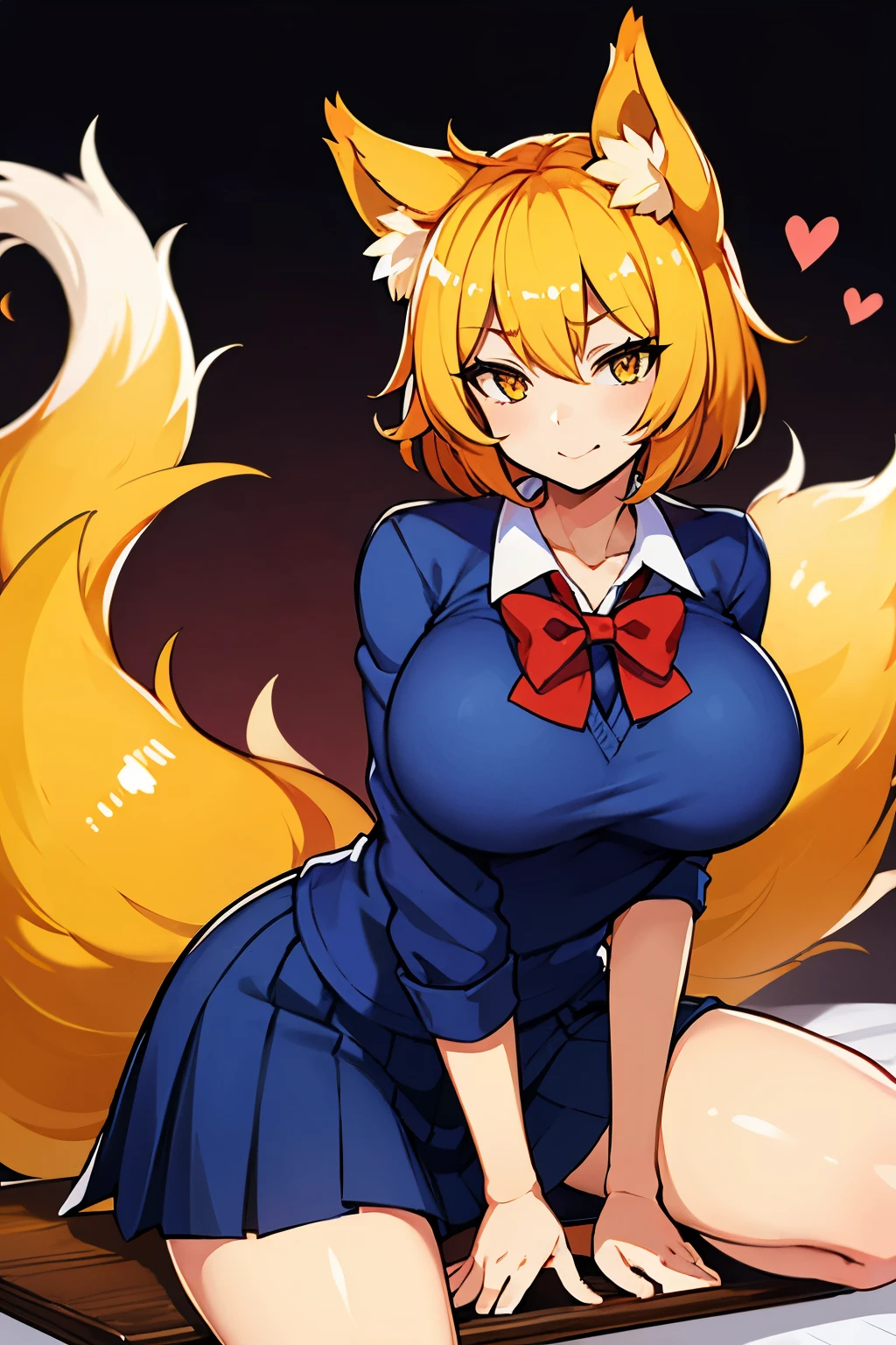 Kitsune, golden hair, golden tail, big breasts, golden eyes, sly face, school uniform