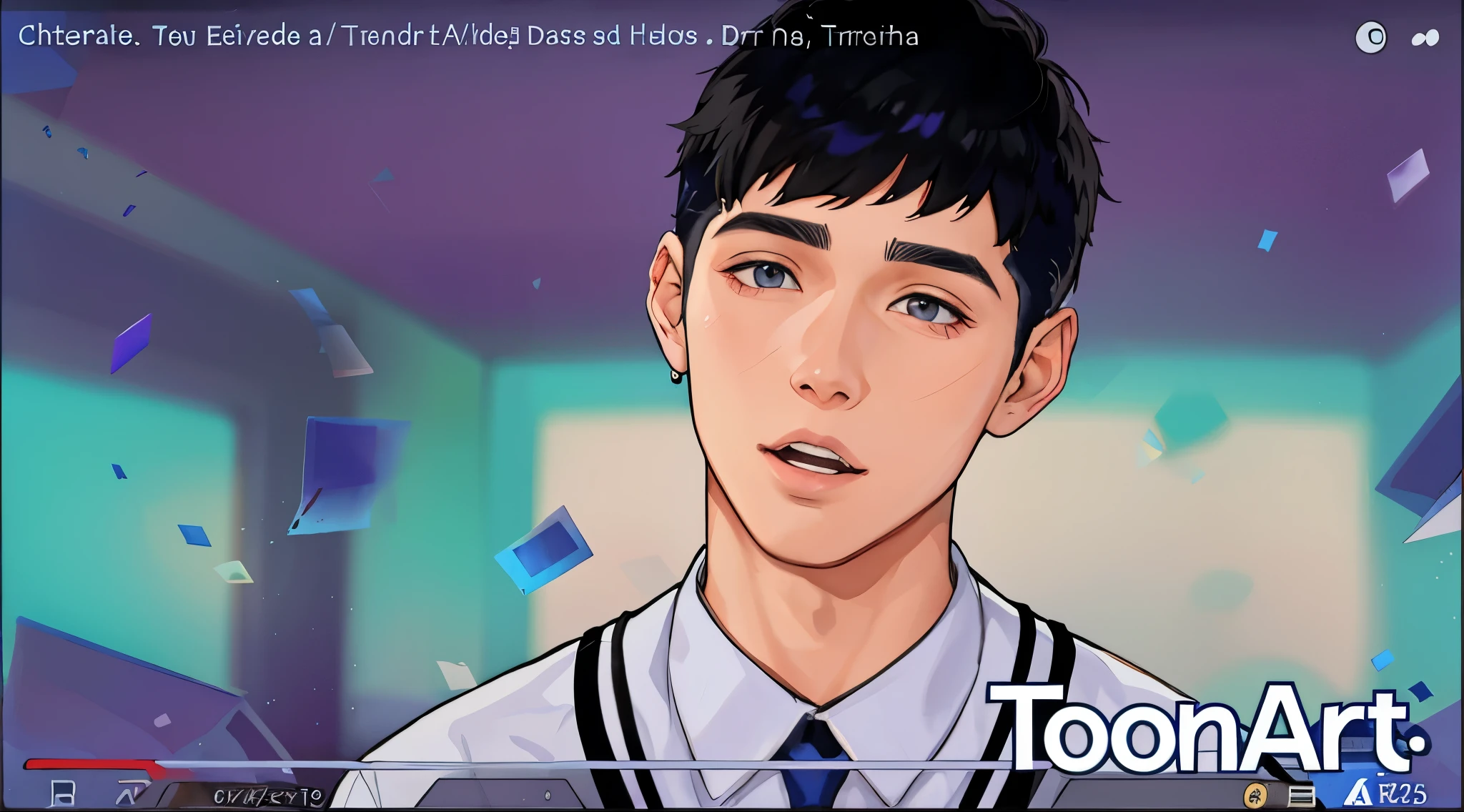There is a handsome young man of 16 years old, his clothes are blue and gray, silver hair, gray eyes. , esta hablandole a alguien cabello plateado esta sorprendidoy con curiosidad habla con la directora