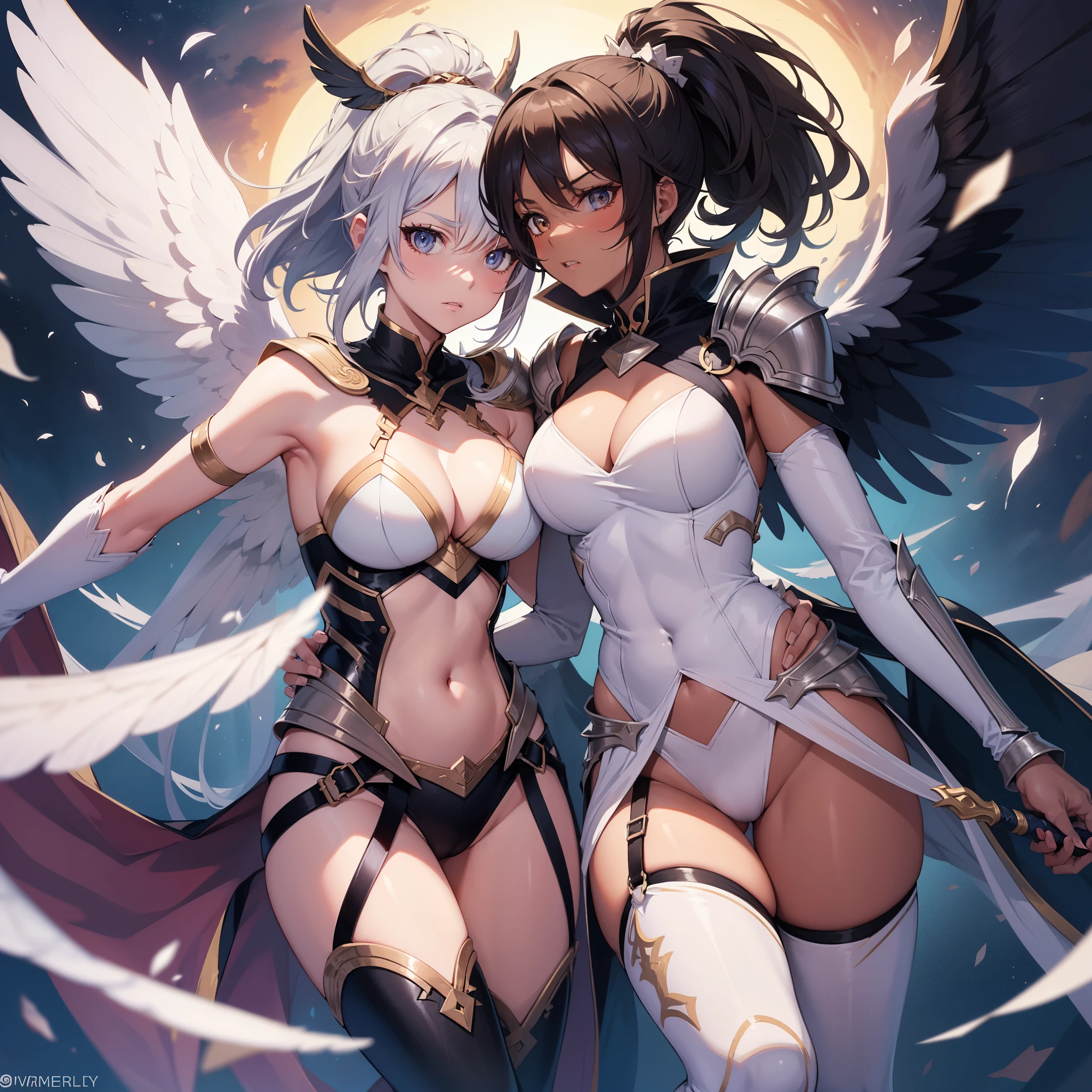 fantasy, 1angel_girl, teen, brown_ponytail_hair, (dark_skin:1.1), bare_shoulder, navel, thigh,silver_shiny_armor, white_clothes,waist_armor, glebe, hold_swords, big_tits, angry, dynamic_fighting_pose, floating, (1pair_white_wings:1.2), sunrise_city_background,(pelvic_curtain:1.3), headgear, large_ass,apart_legs,