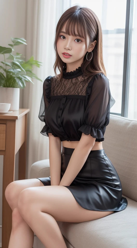 Silver satin ruffled blouse, black mini skirt
