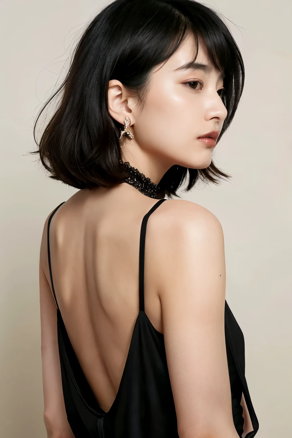 Beauty,Perfect beauty,party venue,black short hair、28 years old、sex appeal、boyish、cool、luxury、small face、beautiful clavicle、highest quality、Pancake muscles、earrings、necklace、gorgeous、black dress with deep neckline、small breasts、Wistful expression、sexy、back、delicate、masterpiece、About to take it off