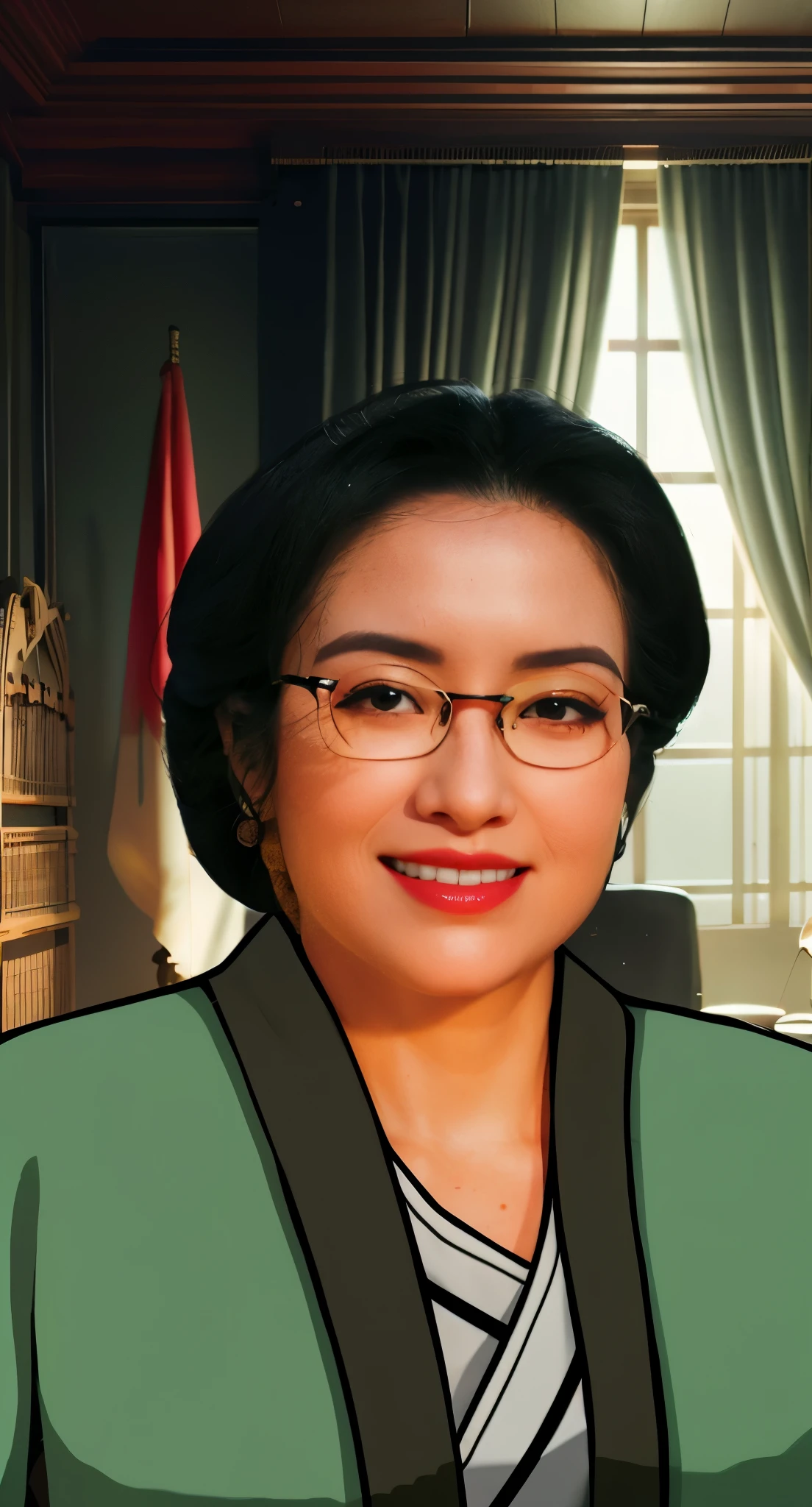 Real life adaption of this character, adult woman,wear realistic same kimono outfit, realistic same hair, realistic same glasses, realistic same background,realism, hyper realistic, realistic light, realistic shadow,(photorealistic 1:2)