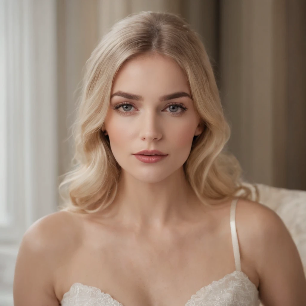 Une belle femme blonde, taille parfaite 1m75, qui se trouve dans une gallerie d art ,assise elke est habille tres chic, luxueuse