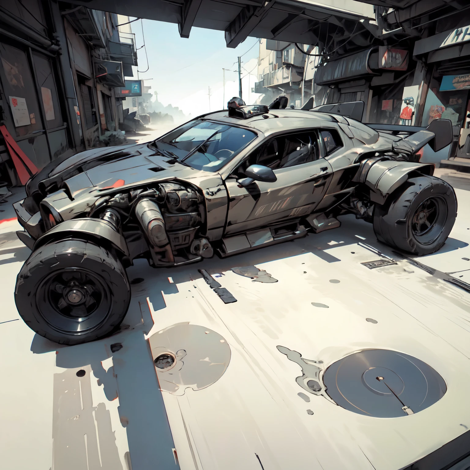 Cool sports cars - post-apocalypse, cyberpunk. Geometry. Highest quality, masterpiece. Image of sports cars. 3D rendering, visualization of a composition from complex fractals. Fantastic composition. Scenery for a science fiction film. Stylization Anime, cyberpunk, comics. The image is stylized as a hand-drawn comic book. Clear graphic outline, color fill. Depth of colors, warm light, cold shadows. Technological forms, cybernetics, electronics, wires. High image quality, 8K | Ultra HD | Full HD, cinematic comic book, 3D _in comic style - linear stroke, color fill, high-quality stroke - a masterpiece, TOP computer graphics ART. 8K, dark lighting, strong shadow. (vivid, anime, comic, creative, sharp focus, 8K).