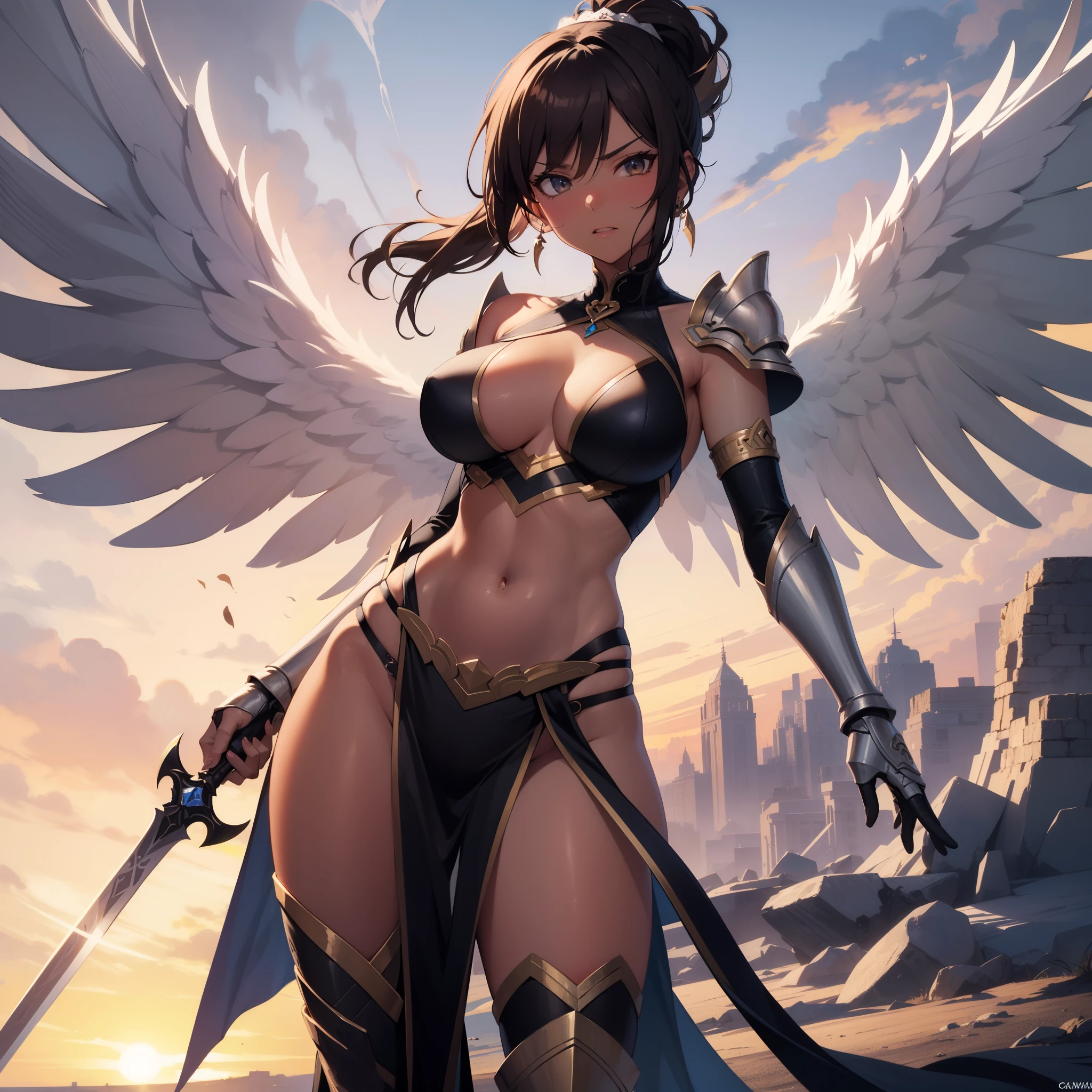 fantasy, 1angel_girl, teen, brown_hair, ponytail_hair, (dark_skin:1.1), bare_shoulder, navel, thigh,silver_shiny_armor, white_clothes,waist_armor, glebe, hold_swords, big_tits, angry, dynamic_fighting_pose, floating, (1pair_white_wings:1.2), sunrise_city_background,(pelvic_curtain:1.3), headgear, large_ass