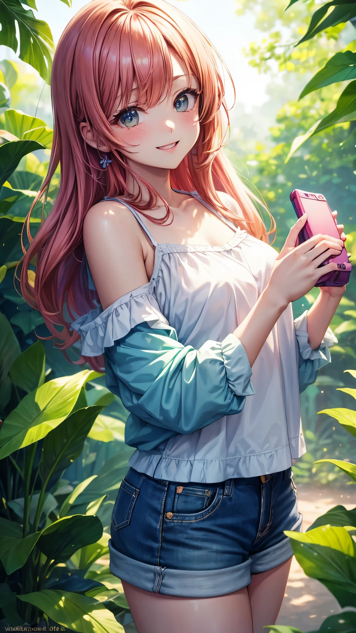 (highres,masterpiece:1.2),detailed,1_girl waifu, playing handheld,wearing offtheshoulder shirt,mini shorts,portraits,anime style,vibrant colors,pastel color palette,warm lighting,blurred background,greenery in the background,breezy atmosphere,relaxed expression,bright eyes,happy smile,flowing hair,soft sunlight filtering through the leaves