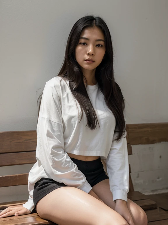 An Asian woman with long hair sits on a wooden bench, wearing a plain white shirt with a long-sleeved white shirt and black shorts and white socks. Behind it is an abstract painting of an Asian woman wearing a "Mayank". To the right, there is another blank canvas leaning against the wall. Dark Background with lights