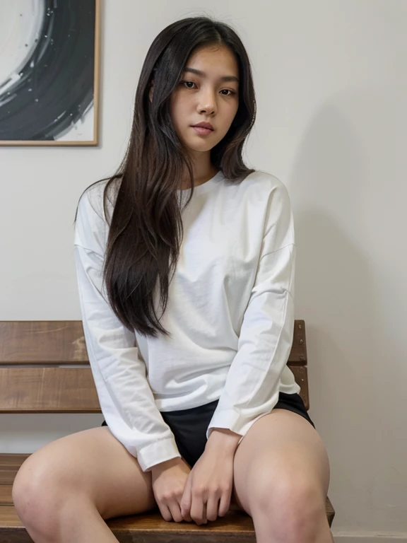 ﻿An Asian woman with long hair sits on a wooden bench, wearing a plain white shirt with a long-sleeved white shirt and black shorts and white socks. Behind it is an abstract painting of an Asian woman wearing a "Mayank". To the right, there is another blank canvas leaning against the wall. Dark Background with lights