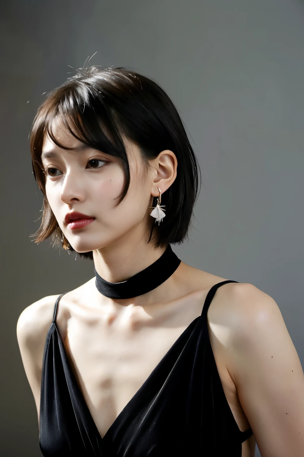 Beauty,Perfect beauty,party venue,black short hair、28 years old、sex appeal、boyish、cool、luxury、small face、beautiful clavicle、highest quality、Pancake muscles、earrings、necklace、gorgeous、black dress with deep neckline、Disturbed clothing、small breasts、Wistful expression、sexy、back、delicate、masterpiece