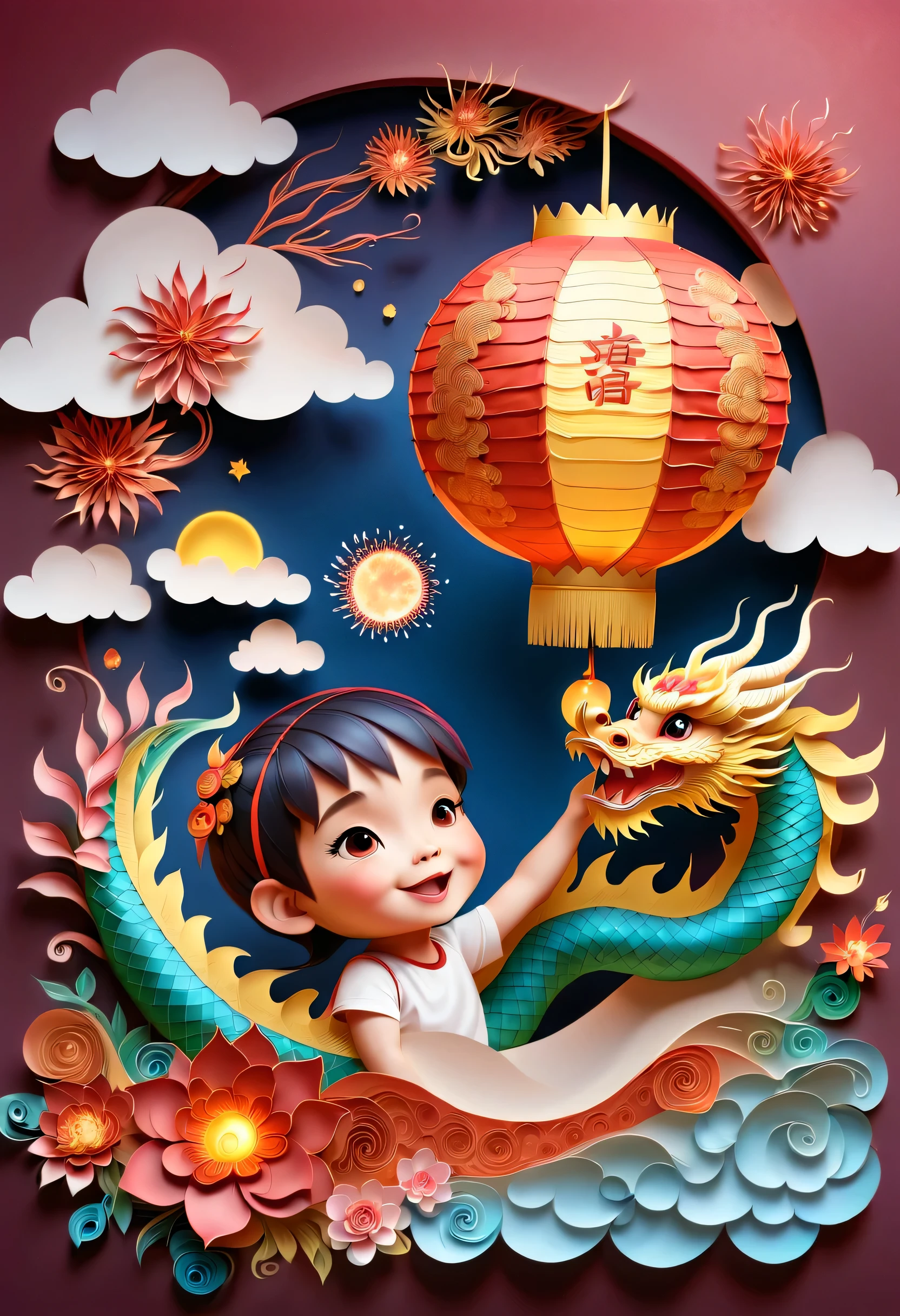 (sandbox:1.4), movie angle, (1个可爱的孩子挥舞着中国龙形状的lantern, Chinese New Year, festive, red background, cloud, flowers, fireworks, firecracker, lantern), (paper art, Quilted paper art, geometry), (extremely colorful, best quality, high detail, masterpiece, Cinema lighting, 4K, chiaroscuro)