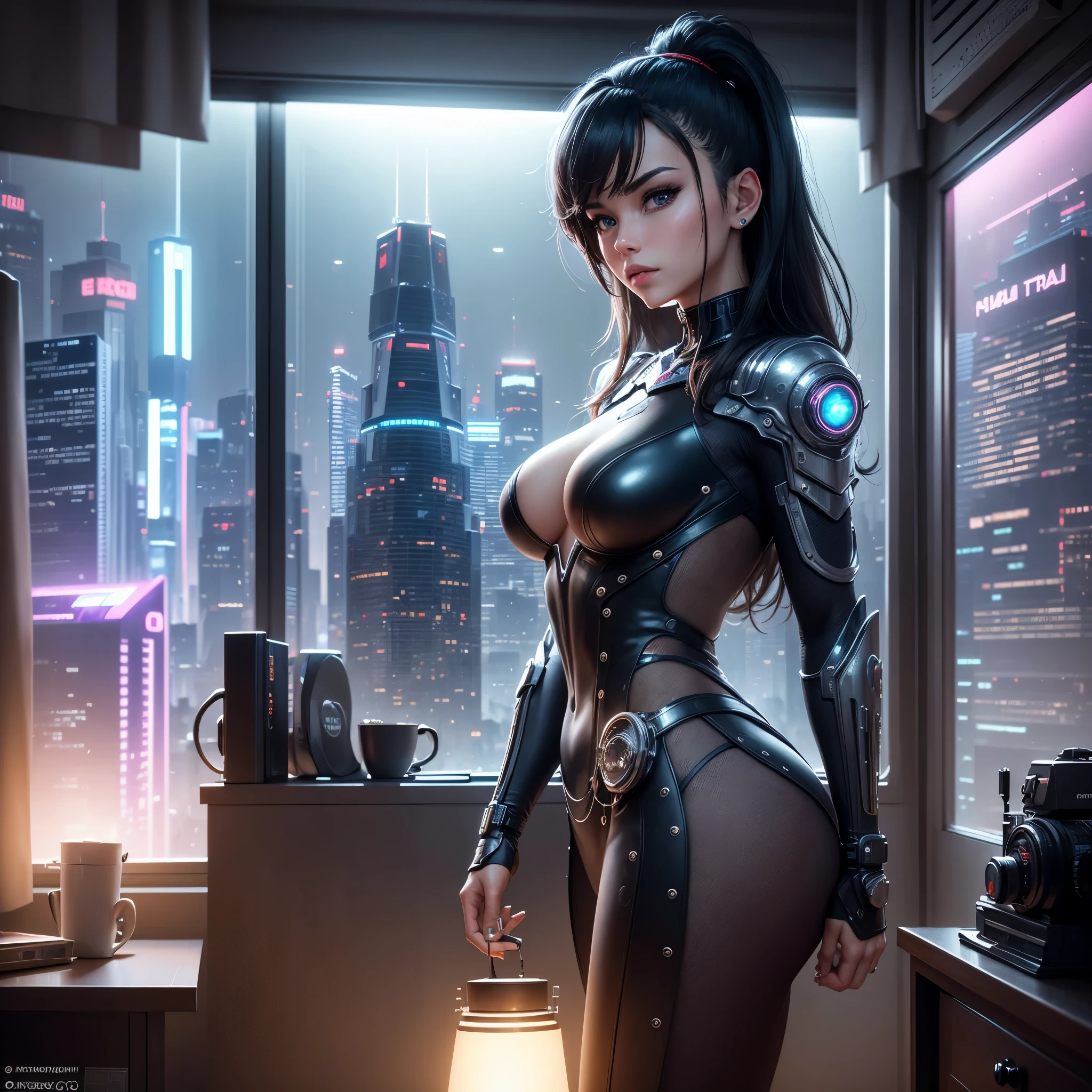 ((masterpiece)), (ultra-detailed), (intricate details), (high resolution CGI artwork 8k), Create an image of a retro futuristic cyberpunk bedroom. One of the walls should feature a big window with a busy, colorful, and detailed cyberpunk cityscape. Futuristic style with lots of colors and LED lights. The cityscape should be extremely detailed with depth of field. Utilize atmospheric lighting to create depth and evoke the feel of a busy futuristic city outside the window. Pay close attention to face details like intricate, hires eyes and bedroom accents. Camera: wide shot showing the room and the window. The window should be the focal point of the image. Lighting: use atmospheric and volumetric lighting to enhance the cityscape details. The room should be illuminated by the neon lights from the cityscape.