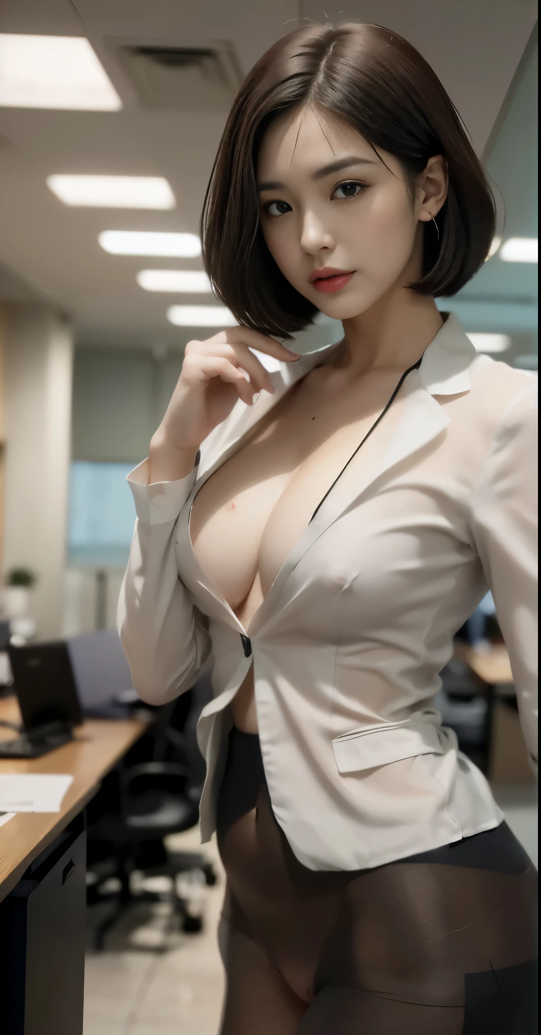 透けたnipple、Beautiful teats、smile、nipple見え、(translucent shirt:1.2)、(In 8K、highest quality、masterpiece:1.2)、(genuine、photogenuineistic:1.37)、Super detailed、1 girl、cute、、、beautiful and detailed sky、office、sitting、date、(blush your nose)、 (perfect beautiful beautiful face:1.15)、(closed mouth)、細やかなbeautiful eyes、(Skeleton shirt:1.1)、daytime、、short cut hair、、white lace、(short hair:1.5)、floating hair、body、20 year old woman、brown hair、、brown eyes、small head、((M cup fashion girl、beautiful eyes、genuine face、genuine skin、genuine-looking face、genuineな肌、fine eyes、、(No underwear:1.3)、、viewer、Look carefully at the face and chest、, see-through shirt。the tip of the chest sticks out。Areola is protruding。(The shape of the genitals is clearly visible), lots of eyelashes。black eyeshadow。bright red lips。black sexy high heels。pubic hair。The lower abdomen is bristly。thin。thighs are open。pubic hairが非常に多い。nippleは非常に突き出ています, そして繊細なbody型、Dark blue suit、camel'With toes、protruding pussy_nipple