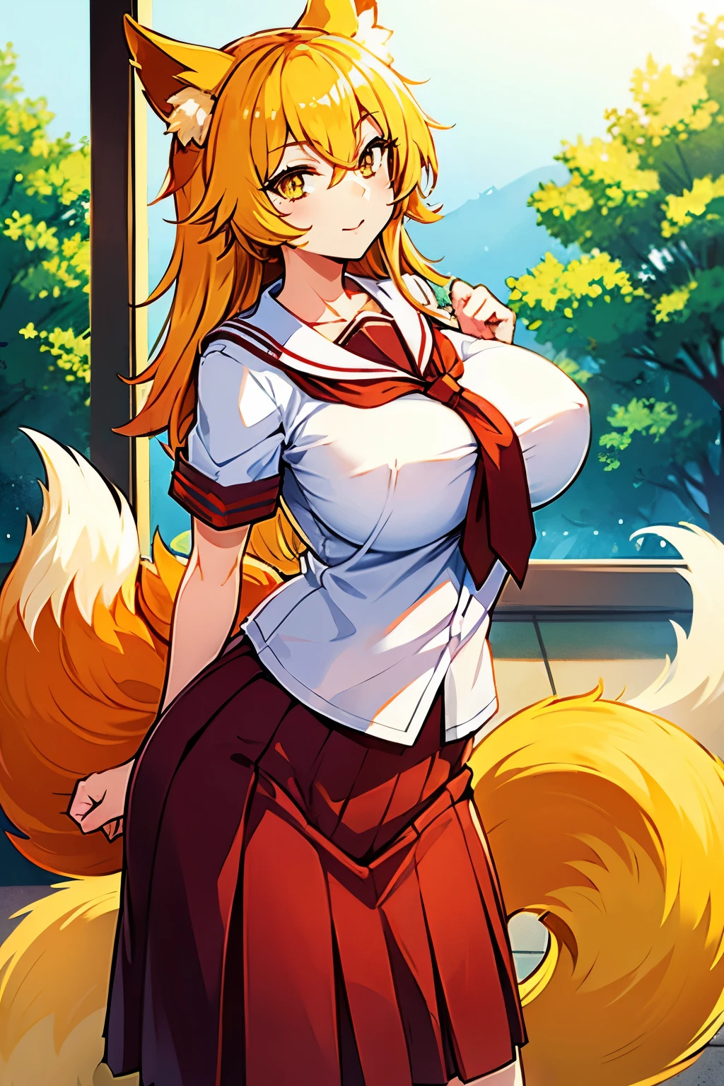 Kitsune, golden hair, golden tail, big breasts, golden eyes, school uniform