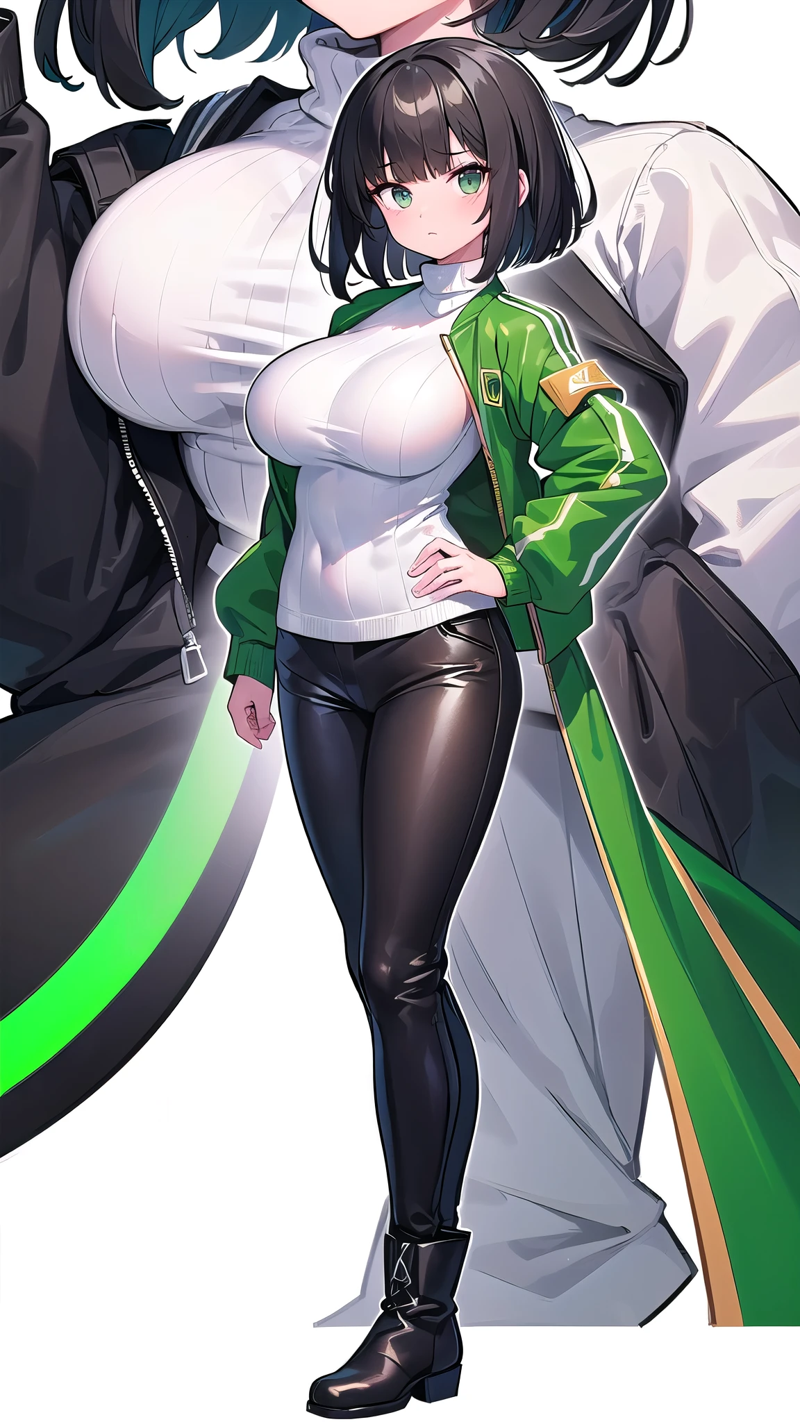 1 girl, ((Green flight jacket、White turtleneck sweater、black pants、boots)), huge breasts, black hair, short hair, straight hair, black eyes ,((white background)), ((whole body,Expressionless))、((face forward、close up front、Stand up straight)),((Virtual YouTuber))