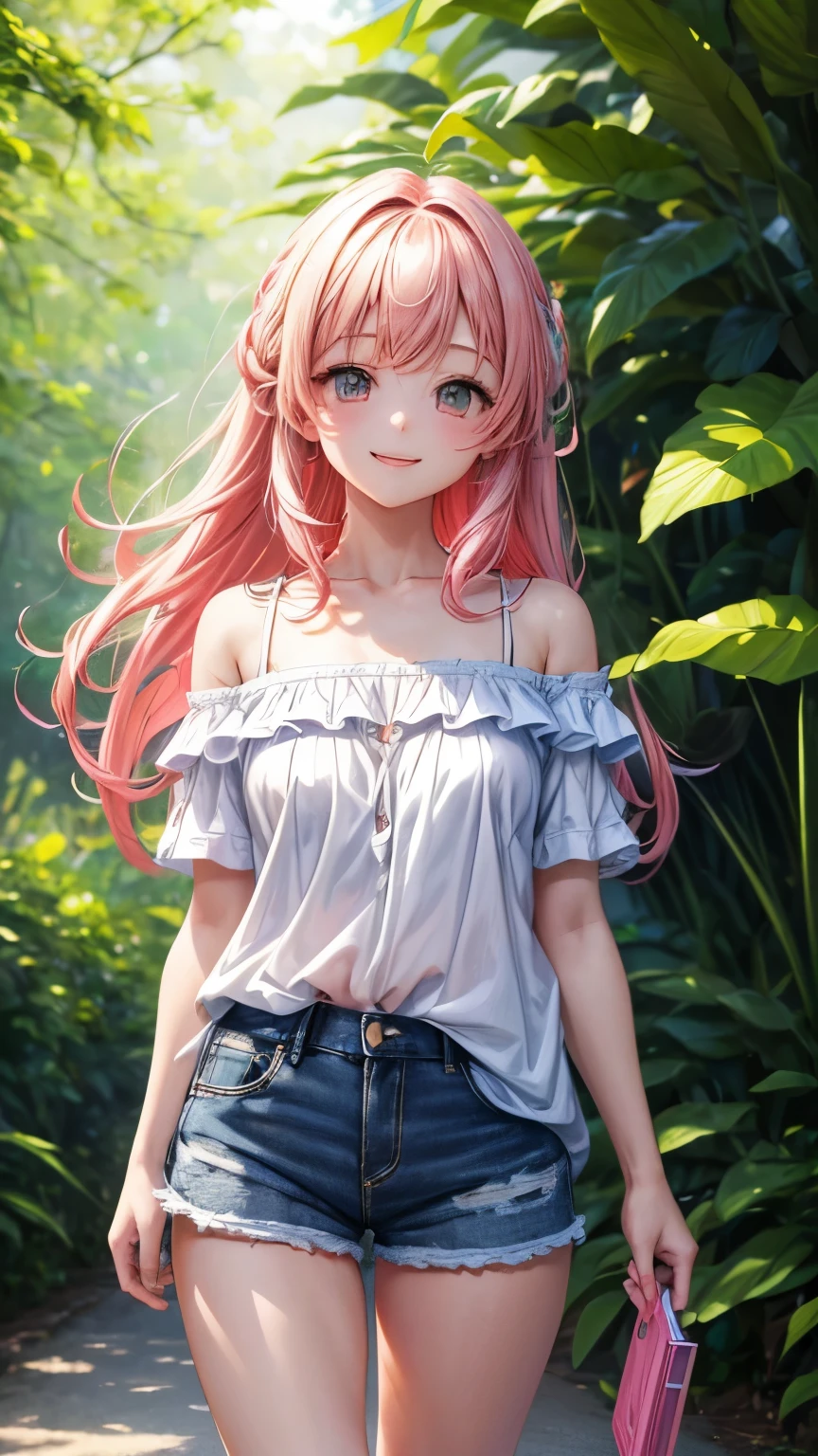 (highres,masterpiece:1.2),detailed,1_girl waifu, playing handheld,wearing offtheshoulder shirt,mini shorts,portraits,anime style,vibrant colors,pastel color palette,warm lighting,blurred background,greenery in the background,breezy atmosphere,relaxed expression,bright eyes,happy smile,flowing hair,soft sunlight filtering through the leaves