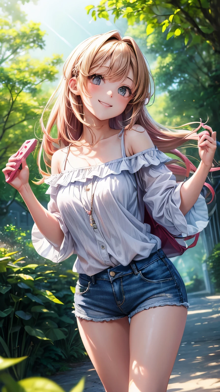 (highres,masterpiece:1.2),detailed,1_girl waifu, playing handheld,wearing offtheshoulder shirt,mini shorts,portraits,anime style,vibrant colors,pastel color palette,warm lighting,blurred background,greenery in the background,breezy atmosphere,relaxed expression,bright eyes,happy smile,flowing hair,soft sunlight filtering through the leaves