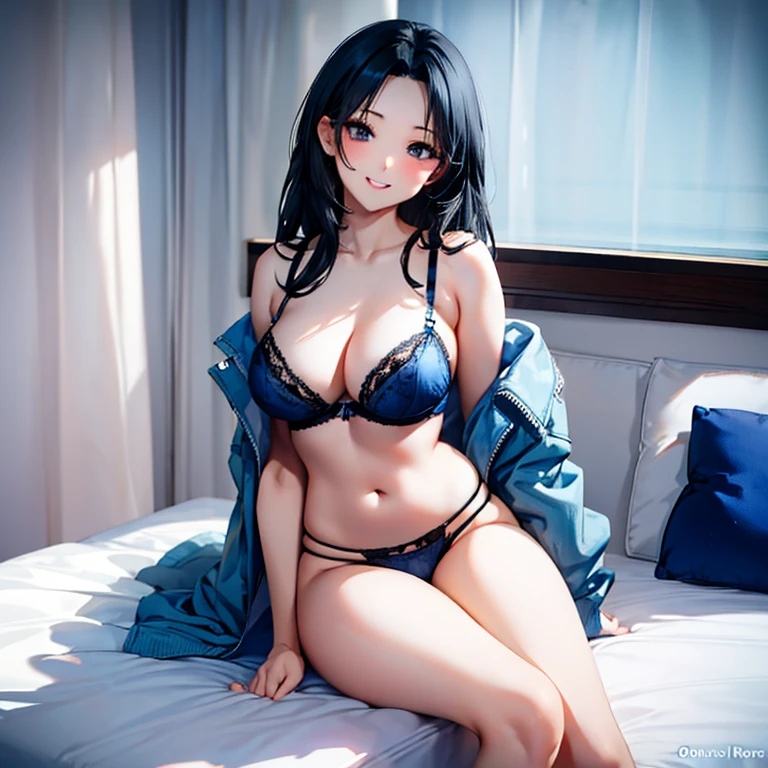 Black hair, gray eyes, large breasts, sexy, beautiful body, masterpiece, blue lingerie, blue underwear, blue bra, smile, bedroom