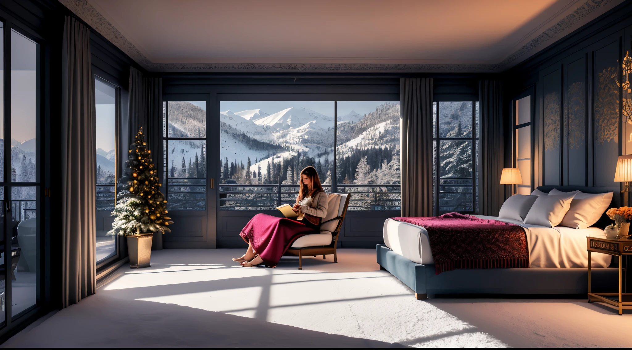 Winter night, Colorful room in a mansion, Large open balcony terrace which is a furnished veranda. A woman reads a book on the bed.You can see the beautiful snow beyond the hill, 4k, Ultra-high image quality, Luxury space, Moody indirect lighting, indoor plant, rich, Rich, VIP , VIP Moments