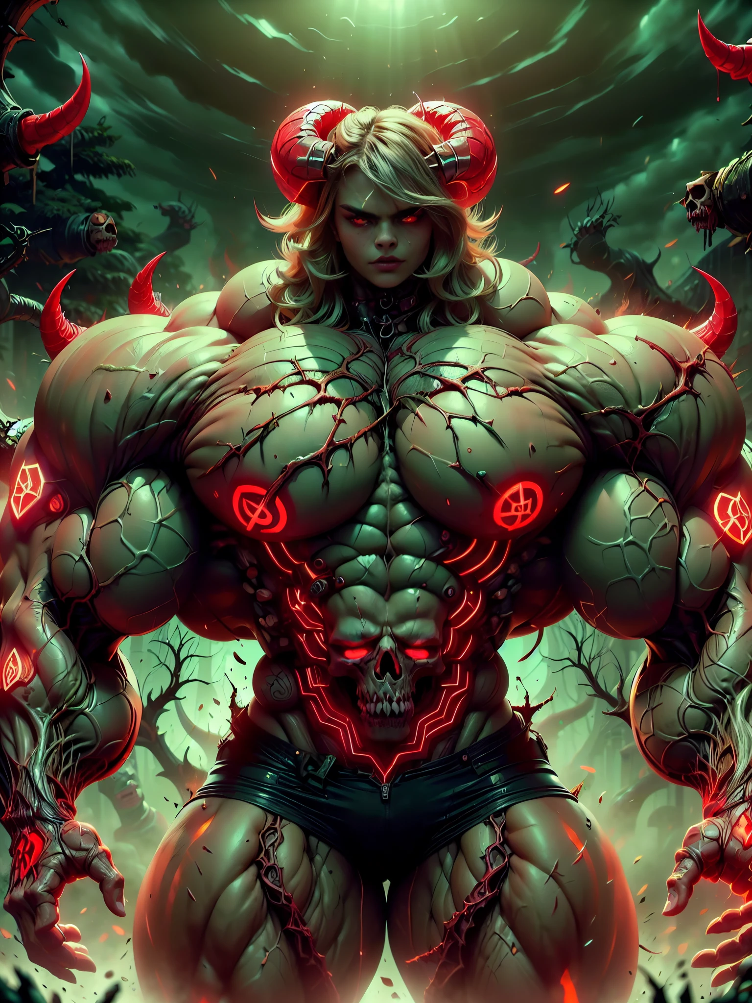 (1 girl), (cara delevingne:1.25), (carnage skinless physique:1.5), (1 super muscular undead skinless succubus with gigantic horns:1.5), (covered in red necrotic rotting skinless muscle:1.5), (exposed muscles & veins everywhere:1.5), (perfect fingers:1.25),(8k, RAW photo, photorealistic:1.25), dark horrific scary atmosphere, hellish landscape, Hellraiser like atmosphere,