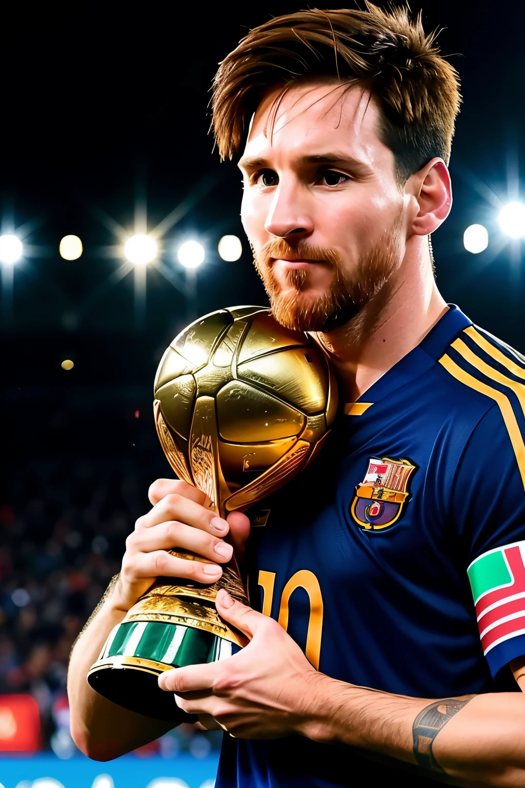 Photo of Lionel Messi, iconic soccer player, holding the World Cup trophy, celebrating his victory, (Portrait photography), close-up shot, (Extremely close-up: 1:1), Detailed, Sharp, Best Quality, High Definition, 8K, Realistic, Covered in sweat, Expressive eyes radiating happiness, Canon EOS R6, 100mm Macro Lens, F/2.2, NFWS, Wallpaper, Cinematic lighting, Dramatic Shadows, Capturing the moment of triumph and joy.