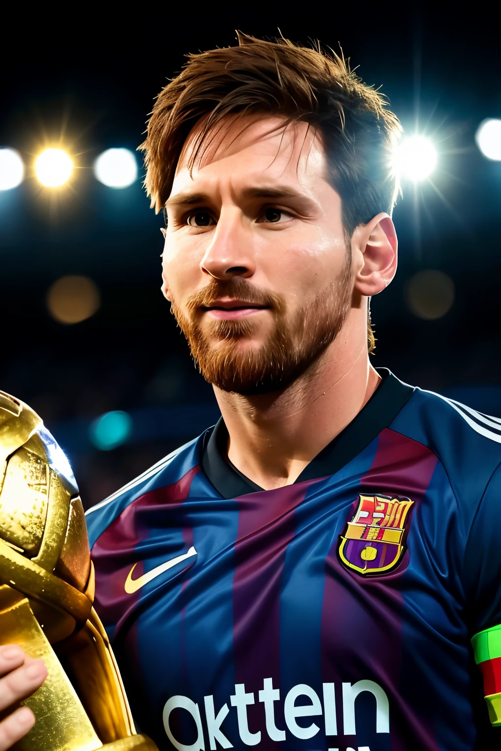 Photo of Lionel Messi, iconic soccer player, holding the World Cup trophy, celebrating his victory, (Portrait photography), close-up shot, (Extremely close-up: 1:1), Detailed, Sharp, Best Quality, High Definition, 8K, Realistic, Covered in sweat, Expressive eyes radiating happiness, Canon EOS R6, 100mm Macro Lens, F/2.2, NFWS, Wallpaper, Cinematic lighting, Dramatic Shadows, Capturing the moment of triumph and joy.