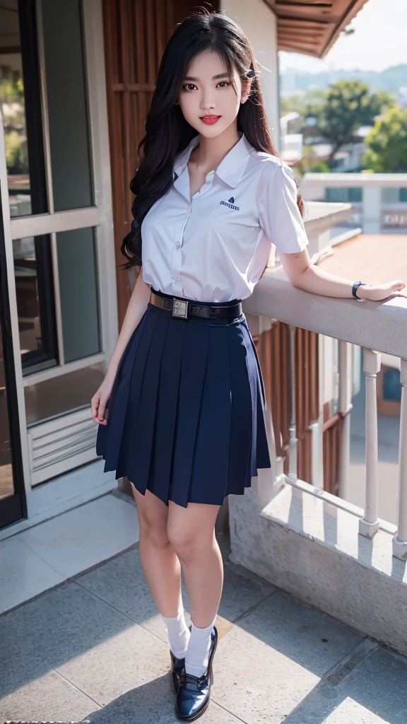 highest resolution, 8K, high definition, (((long hair))), (( thai student, half-caste, Thai-Japanese-Korean, Age 18-25 years, Height 173 centimeters)), (((stand, walk))) , (((Beautiful face, แต่งBeautiful face, Double eyelids, red lips, Smile at the corners of your mouth., Beautiful eyes))), ((beautiful woman, Real figure)), ((short sleeve, Thin white shirt, collar shirt)), ((Name embroidered in blue letters on the right chest of the shirt., have a name "Pornpitak" Rungruangpiwatsakul")), ((สัญลักษณ์โลโก้schoolที่อกซ้าย)), ((Dark blue long pleated skirt., Cover the whole leg)), ((Navy blue skirt, มีbeltผู้หญิง)), ((Big breasts, Breast augmentation)), ((Symmetrical figure, Sexy Body)), ((thin, small waist)), ((black elementary school shoes, Short white socks)), ((Wear a GUESS watch)), ((belt)), ((Chanel Boy Medium 10 Black Caviar RHW Bag)), (((Full body, look at every part of the body))), ((background, balcony, building, school, building))