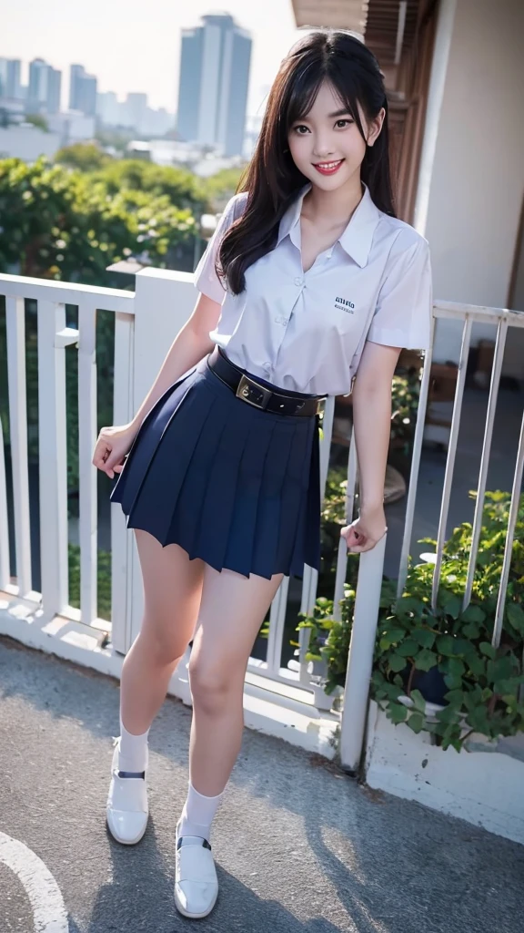 highest resolution, 8K, high definition, (((long hair))), (( thai student, half-caste, Thai-Japanese-Korean, Age 18-25 years, Height 173 centimeters)), (((stand, walk))) , (((Beautiful face, แต่งBeautiful face, Double eyelids, red lips, Smile at the corners of your mouth., Beautiful eyes))), ((beautiful woman, Real figure)), ((short sleeve, Thin white shirt, collar shirt)), ((Name embroidered in blue letters on the right chest of the shirt., have a name "Pornpitak" Rungruangpiwatsakul")), ((สัญลักษณ์โลโก้schoolที่อกซ้าย)), ((Dark blue long pleated skirt., Cover the whole leg)), ((Navy blue skirt, มีbeltผู้หญิง)), ((Big breasts, Breast augmentation)), ((Symmetrical figure, Sexy Body)), ((thin, small waist)), ((black elementary school shoes, Short white socks)), ((Wear a GUESS watch)), ((belt)), ((Chanel Boy Medium 10 Black Caviar RHW Bag)), (((Full body, look at every part of the body))), ((background, balcony, building, school, building))