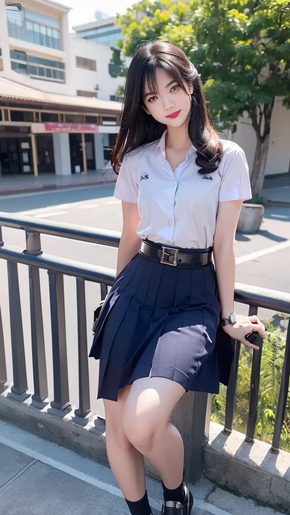 highest resolution, 8K, high definition, (((long hair))), (( thai student, half-caste, Thai-Japanese-Korean, Age 18-25 years, Height 173 centimeters)), (((stand, walk))) , (((Beautiful face, แต่งBeautiful face, Double eyelids, red lips, Smile at the corners of your mouth., Beautiful eyes))), ((beautiful woman, Real figure)), ((short sleeve, Thin white shirt, collar shirt)), ((Name embroidered in blue letters on the right chest of the shirt., have a name "Pornpitak" Rungruangpiwatsakul")), ((สัญลักษณ์โลโก้schoolที่อกซ้าย)), ((Dark blue long pleated skirt., Cover the whole leg)), ((Navy blue skirt, มีbeltผู้หญิง)), ((Big breasts, Breast augmentation)), ((Symmetrical figure, Sexy Body)), ((thin, small waist)), ((black elementary school shoes, Short white socks)), ((Wear a GUESS watch)), ((belt)), ((Chanel Boy Medium 10 Black Caviar RHW Bag)), (((Full body, look at every part of the body))), ((background, balcony, building, school, building))