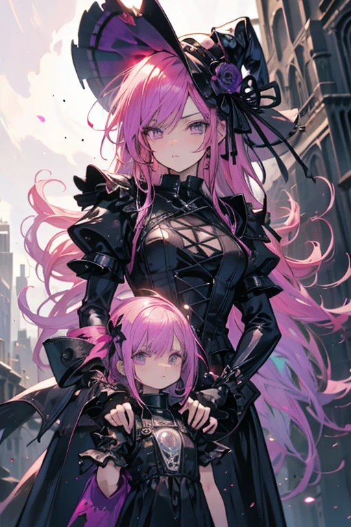 A pink haired female reaper with violet with an hourglass figure is protecting a girl in gothic clothing
