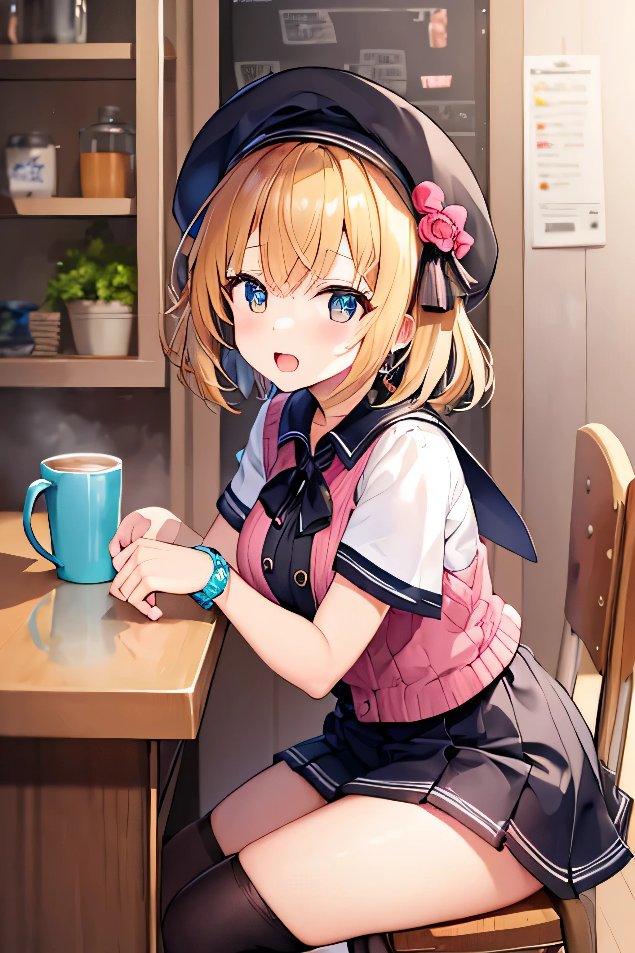 masterpiece、Highest image quality、ultra high resolution、NSFW、big breasted elementary school girl、short hair、red face、shyly、mock、Please open your mouth just a little、Short-sleeved casual clothes that show your chest、Casual mini skirt for elementary school girls、Thigh-high socks for elementary school girls、Beret for elementary school girls、Inside the coffee lounge、Take a seat at the counter