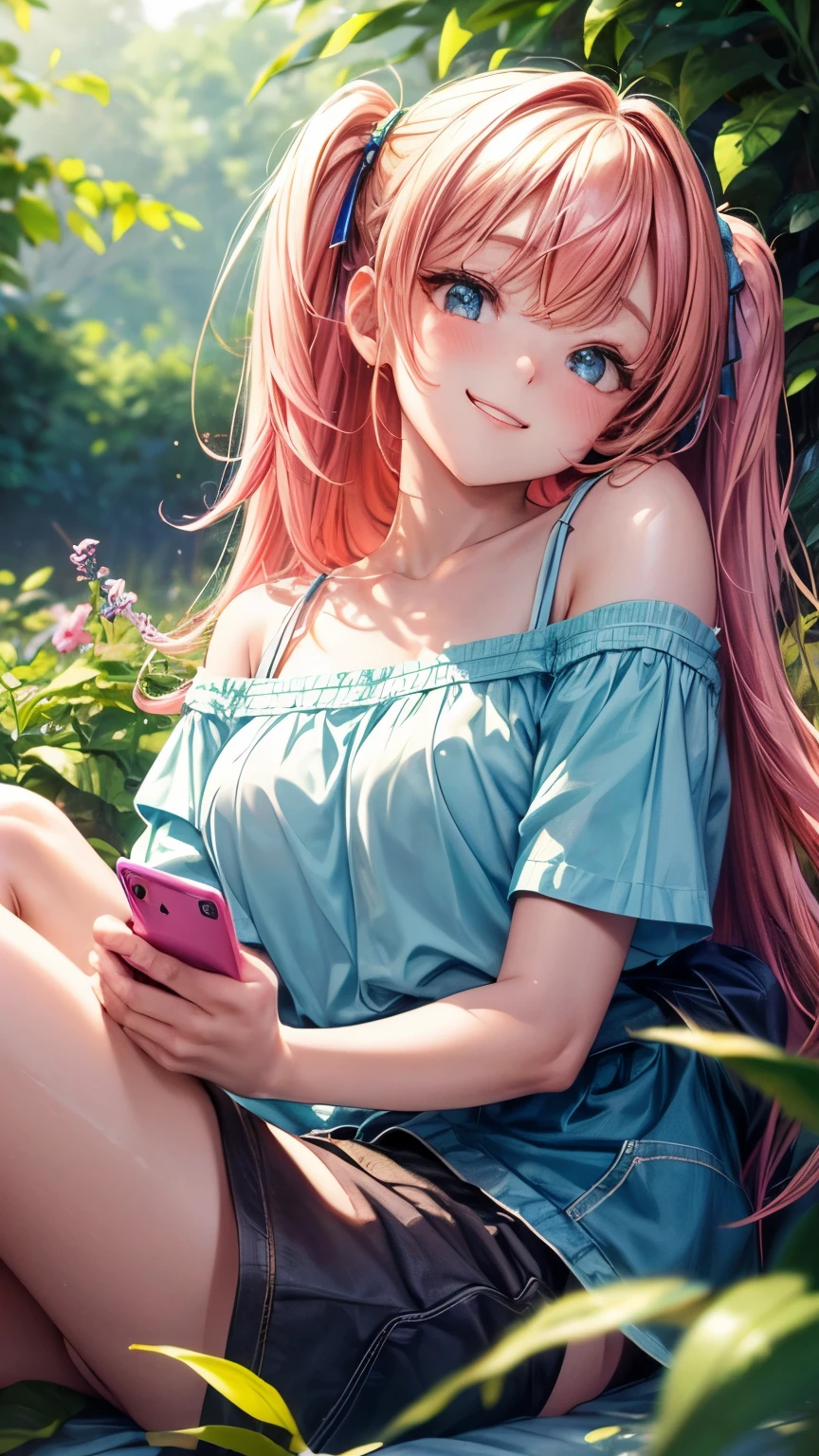 (highres,masterpiece:1.2),detailed,1_girl waifu, playing handheld,wearing offtheshoulder shirt,mini shorts,portraits,anime style,vibrant colors,pastel color palette,warm lighting,blurred background,greenery in the background,breezy atmosphere,relaxed expression,bright eyes,happy smile,flowing hair,soft sunlight filtering through the leaves