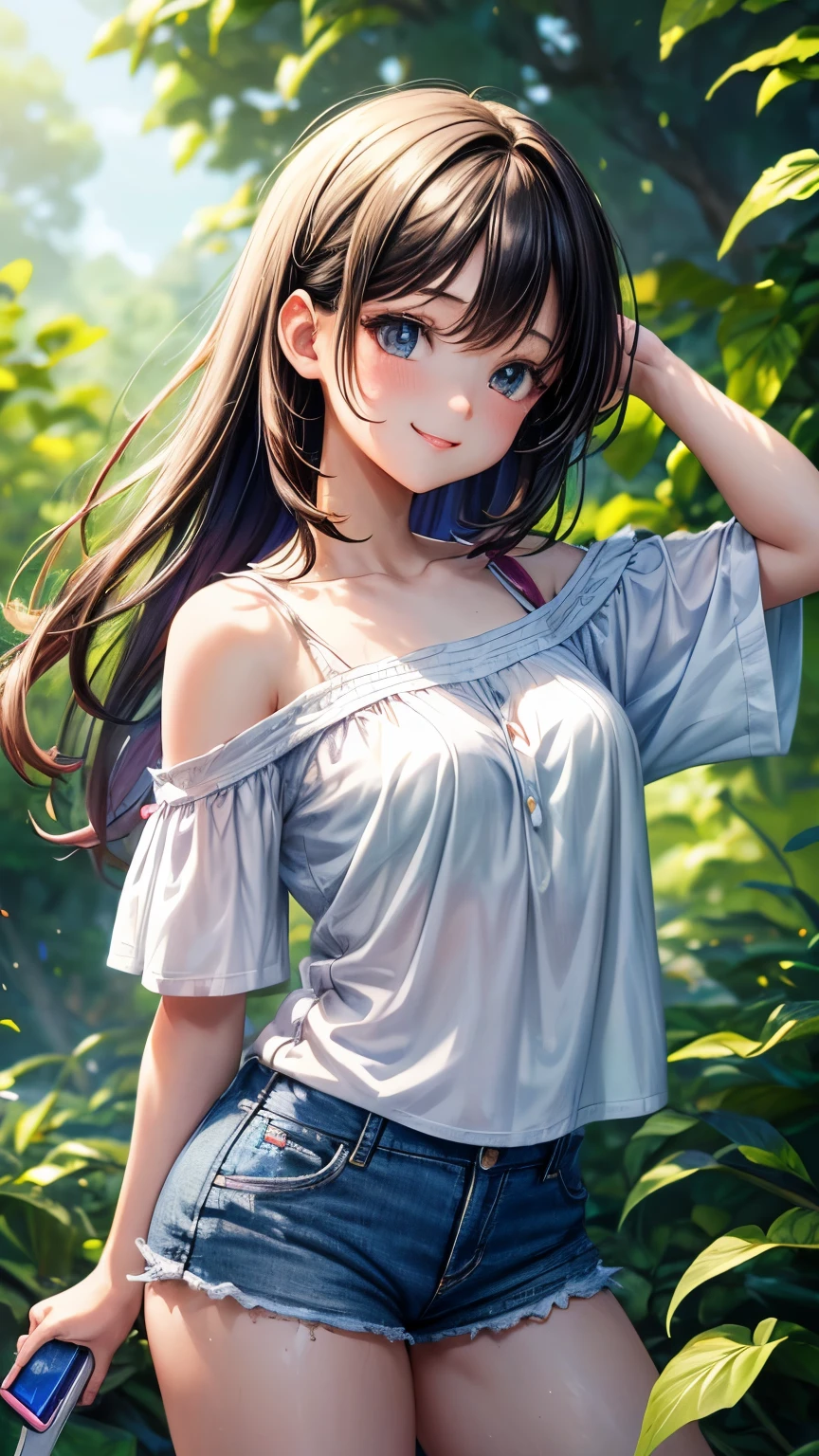 (highres,masterpiece:1.2),detailed,1_girl waifu, playing handheld,wearing offtheshoulder shirt,mini shorts,portraits,anime style,vibrant colors,pastel color palette,warm lighting,blurred background,greenery in the background,breezy atmosphere,relaxed expression,bright eyes,happy smile,flowing hair,soft sunlight filtering through the leaves