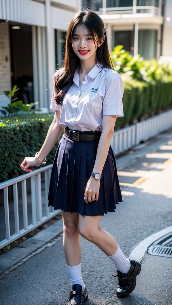 highest resolution, 8K, high definition, (((long hair))), (( thai student, half-caste, Thai-Japanese-Korean, Age 18-25 years, Height 173 centimeters)), (((stand, walk))) , (((Beautiful face, แต่งBeautiful face, Double eyelids, red lips, Smile at the corners of your mouth., Beautiful eyes))), ((beautiful woman, Real figure)), ((short sleeve, Thin white shirt, collar shirt)), ((Name embroidered in blue letters on the right chest of the shirt., have a name "Pornpitak" Rungruangpiwatsakul")), ((สัญลักษณ์โลโก้schoolที่อกซ้าย)), ((Dark blue long pleated skirt., Cover the whole leg)), ((Navy blue skirt, มีbeltผู้หญิง)), ((Big breasts, Breast augmentation)), ((Symmetrical figure, Sexy Body)), ((thin, small waist)), ((black elementary school shoes, Short white socks)), ((Wear a GUESS watch)), ((belt)), ((Chanel Boy Medium 10 Black Caviar RHW Bag)), (((Full body, look at every part of the body))), ((background, balcony, building, school, building))